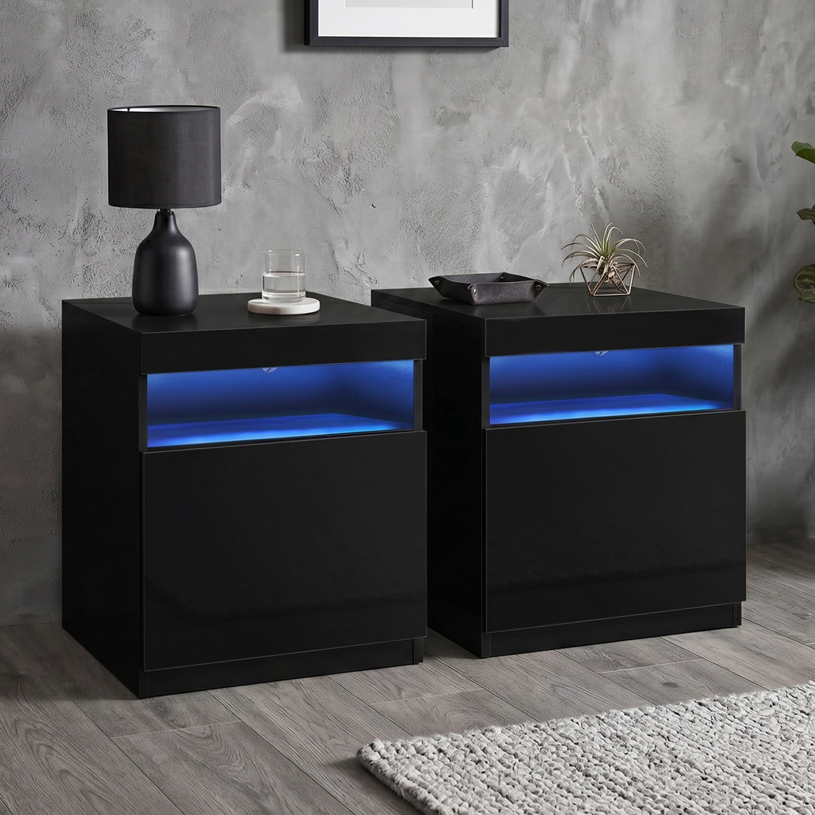 Oikiture Bedside Tables Set of 2 LED Nightstand Shelf Side End Table Black - Sunyee