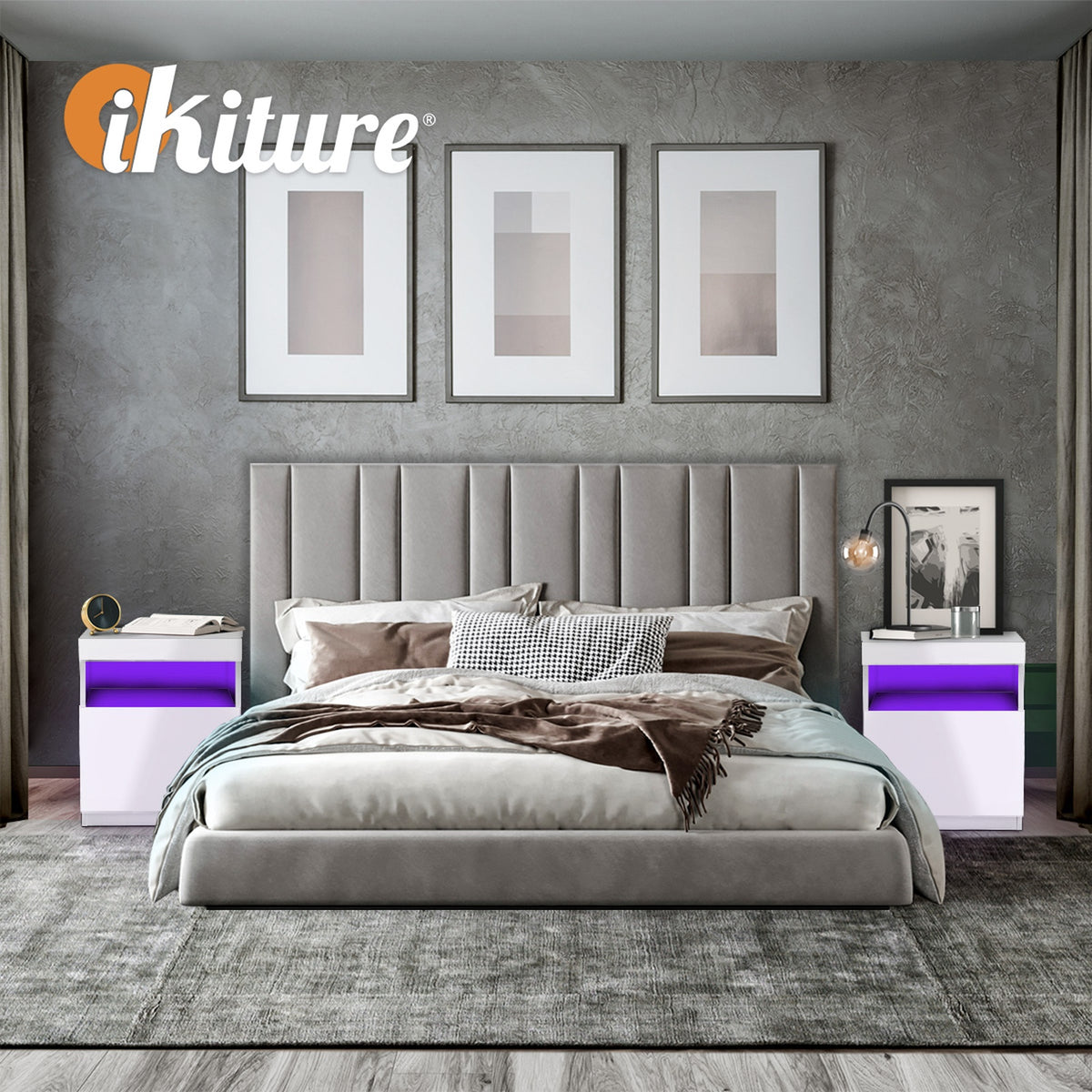 Oikiture Bedside Table LED Nightstand Shelf Side End Table Storage Cabinet White - Sunyee