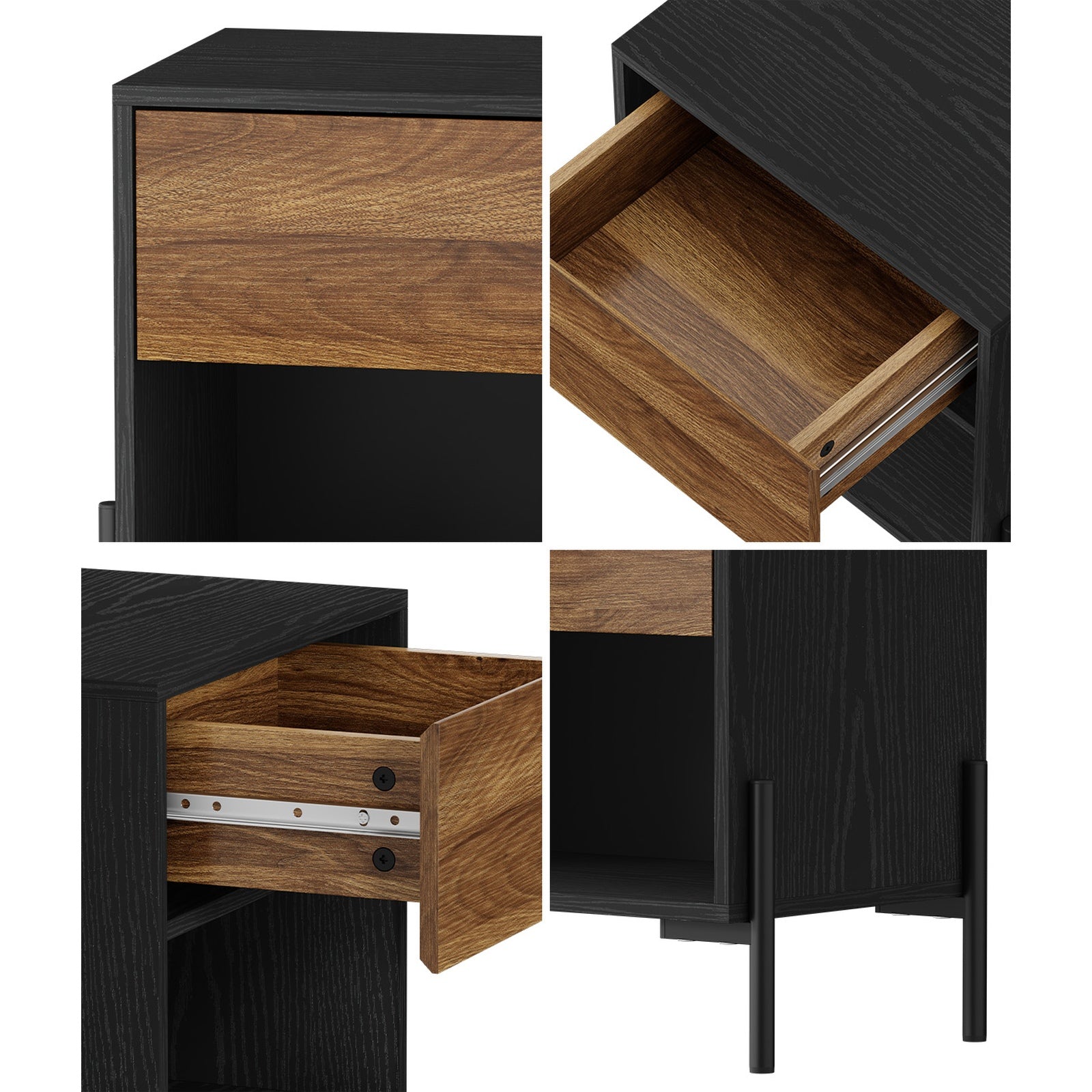 Oikiture Bedside Table Drawer Nightstand Storage Open Shelf Walnut and Black - Sunyee