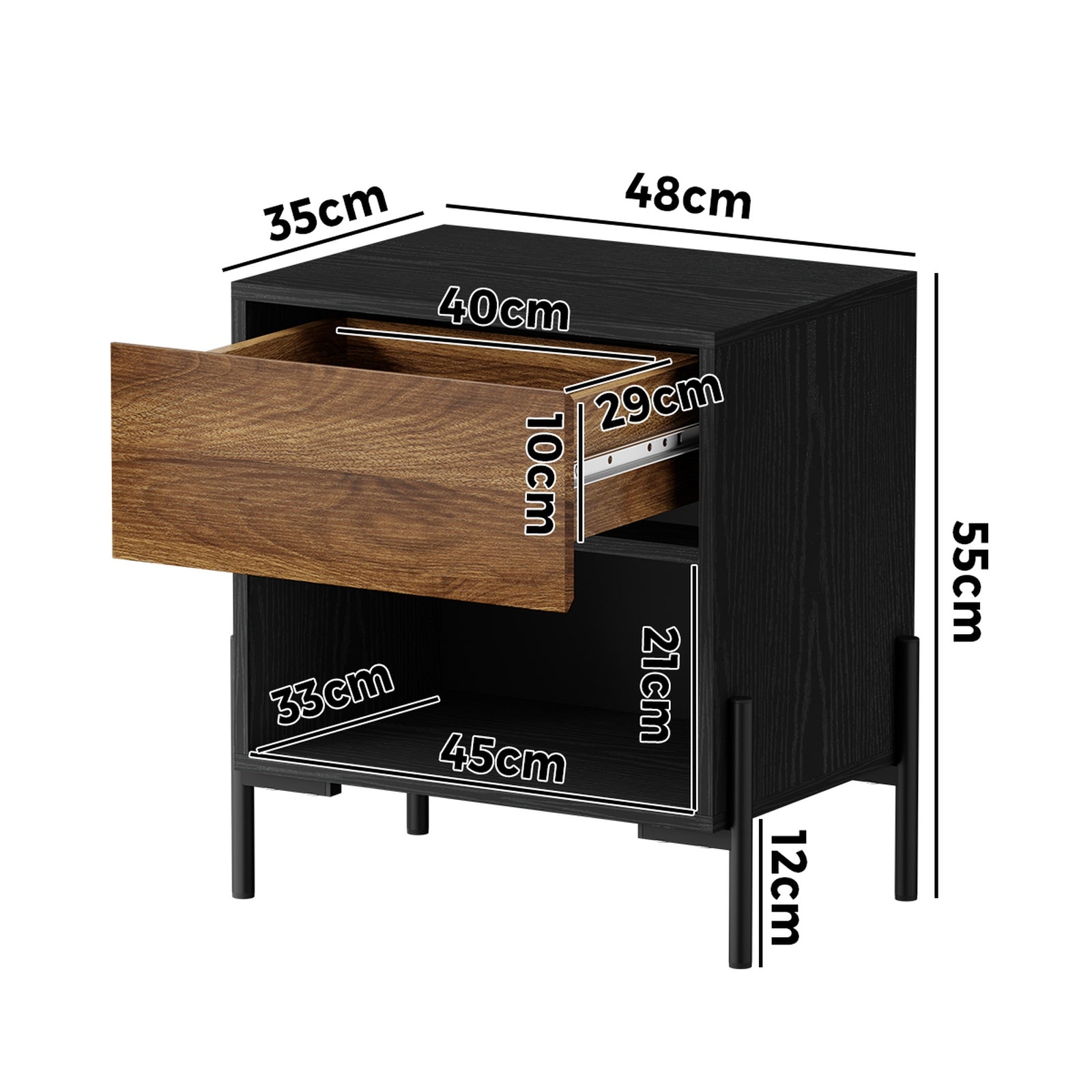 Oikiture Bedside Table Drawer Nightstand Storage Open Shelf Walnut and Black - Sunyee