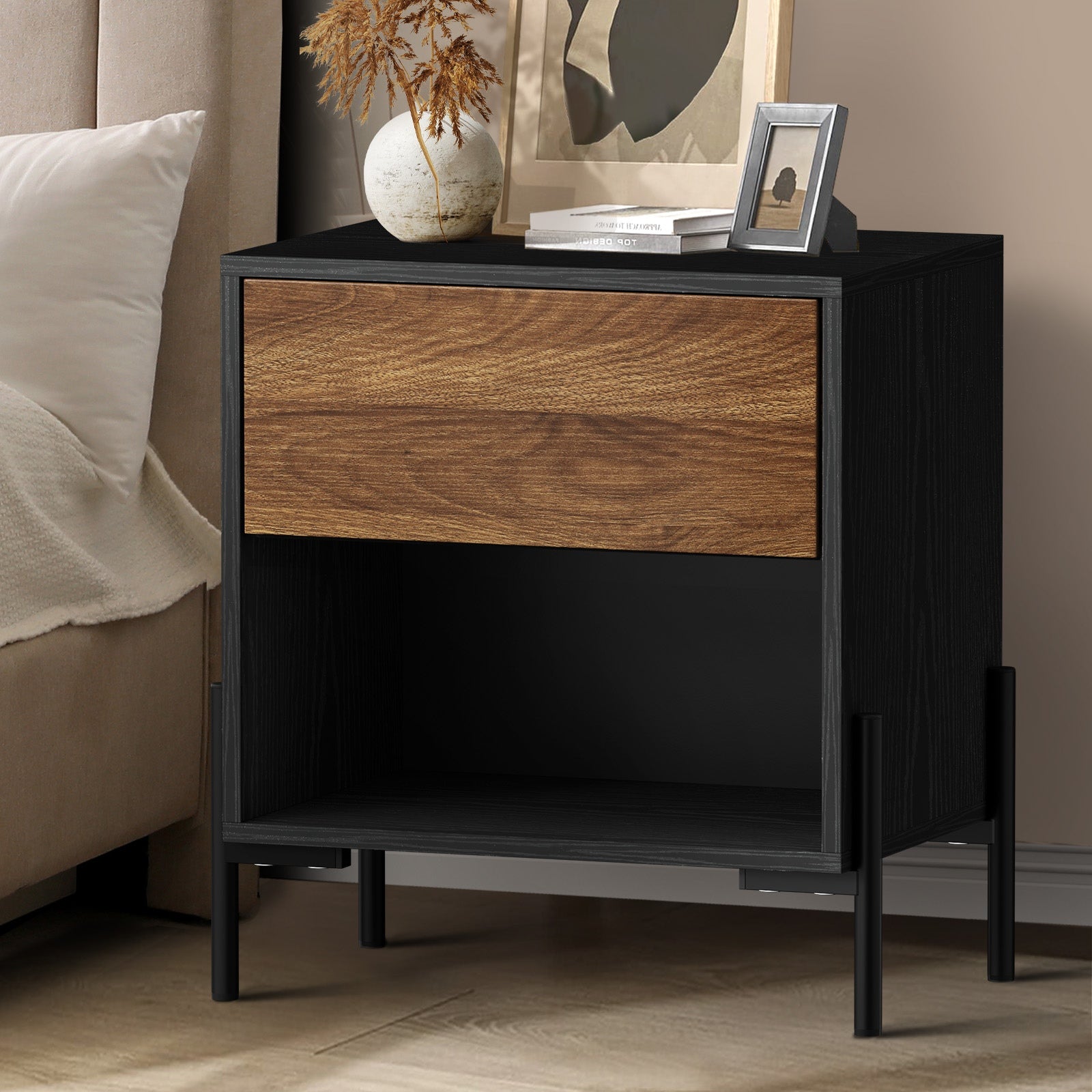 Oikiture Bedside Table Drawer Nightstand Storage Open Shelf Walnut and Black - Sunyee