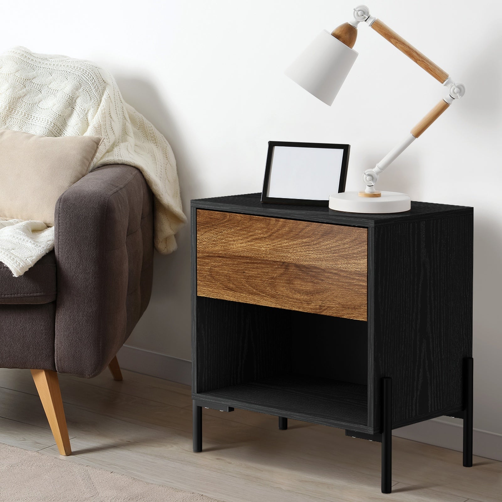 Oikiture Bedside Table Drawer Nightstand Storage Open Shelf Walnut and Black - Sunyee