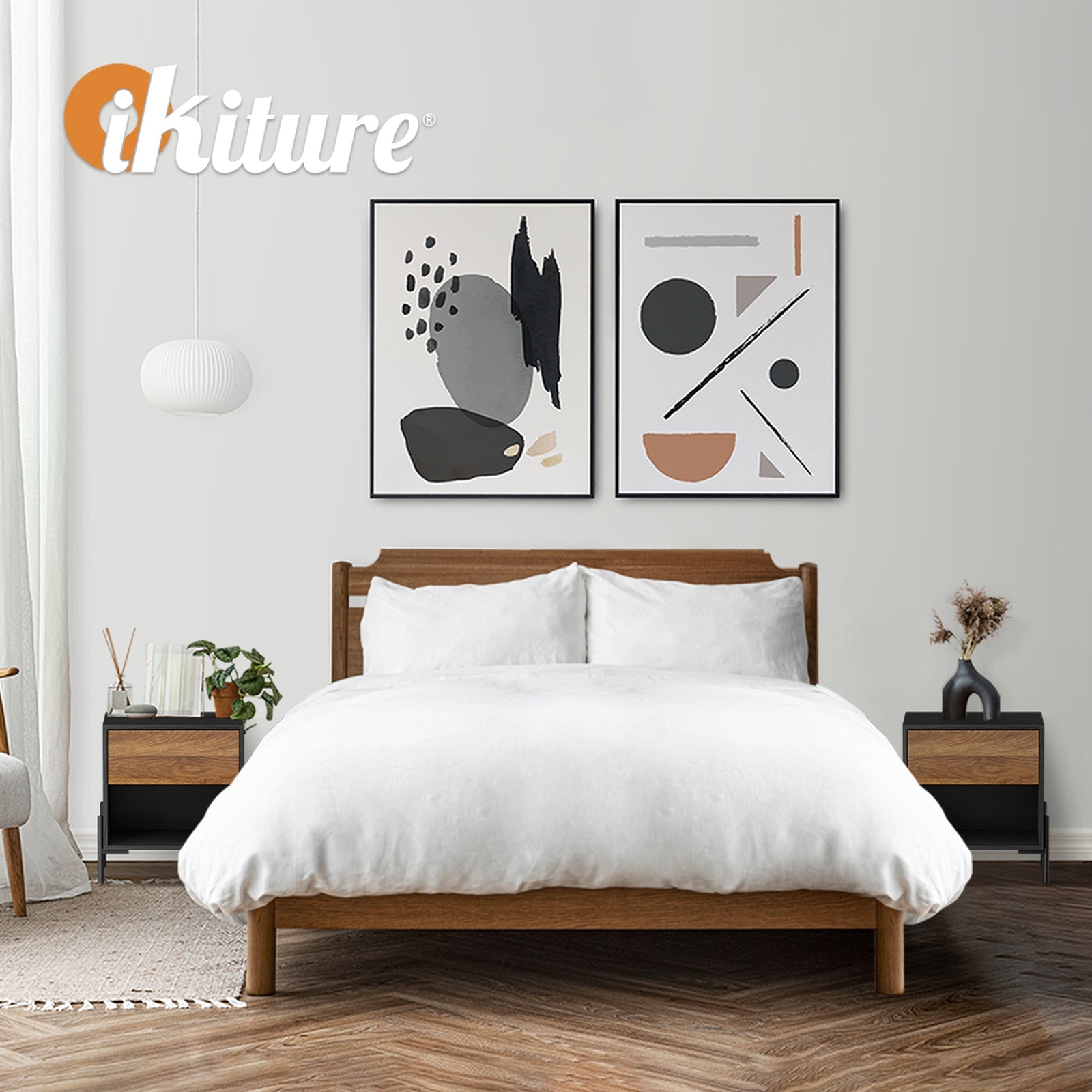 Oikiture Bedside Table Drawer Nightstand Storage Open Shelf Walnut and Black - Sunyee