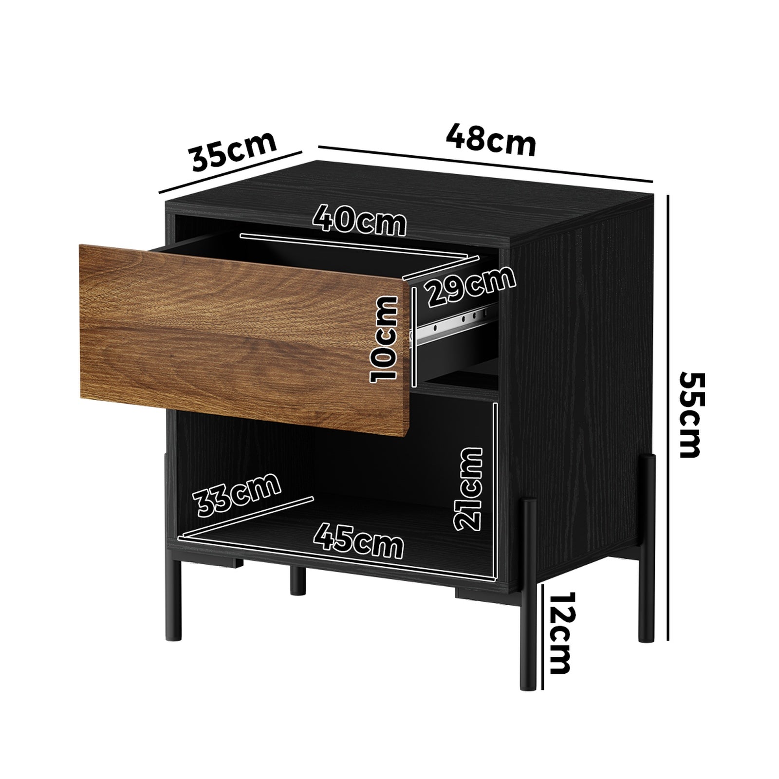 Oikiture Bedside Table Drawer Nightstand Storage Open Shelf Walnut and Black - Sunyee