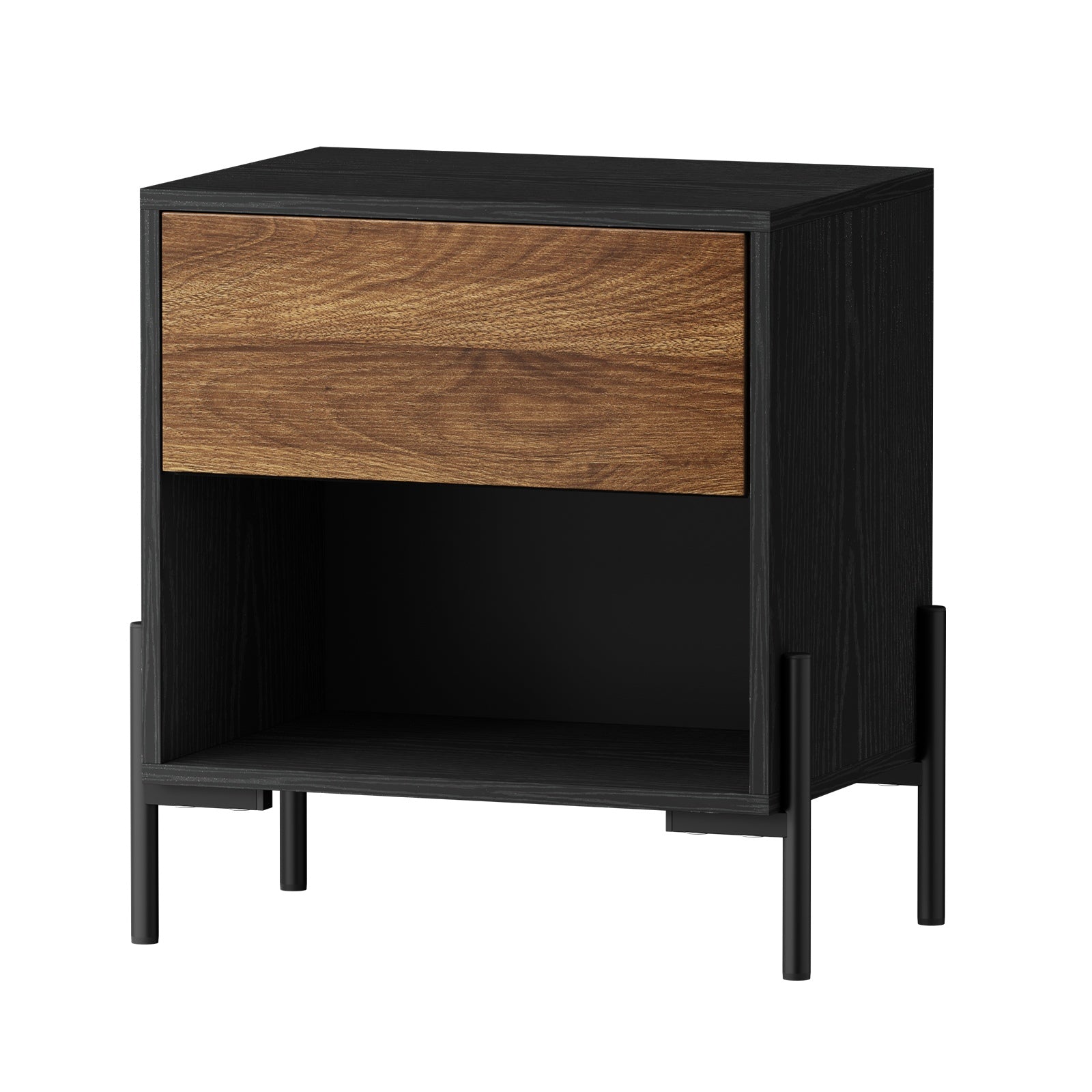 Oikiture Bedside Table Drawer Nightstand Storage Open Shelf Walnut and Black - Sunyee