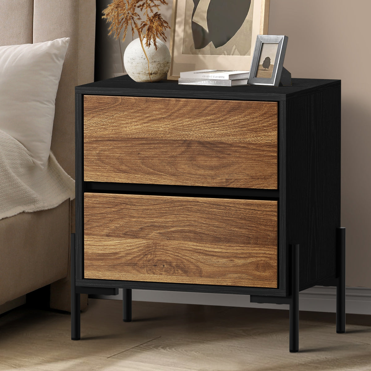 Oikiture Bedside Table 2 Drawers Side End Bedroom Storage Nightstand Walnut - Sunyee