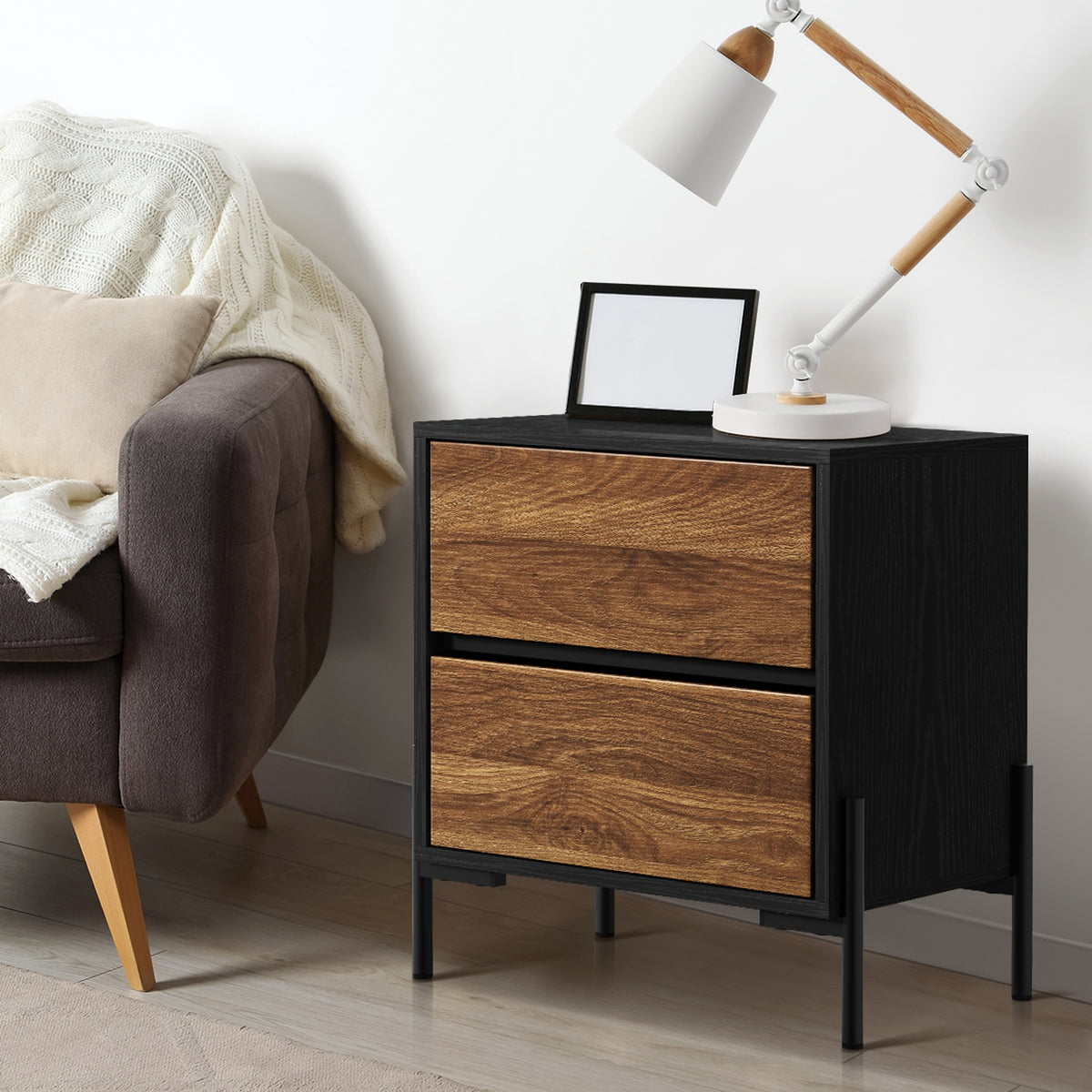 Oikiture Bedside Table 2 Drawers Side End Bedroom Storage Nightstand Walnut - Sunyee