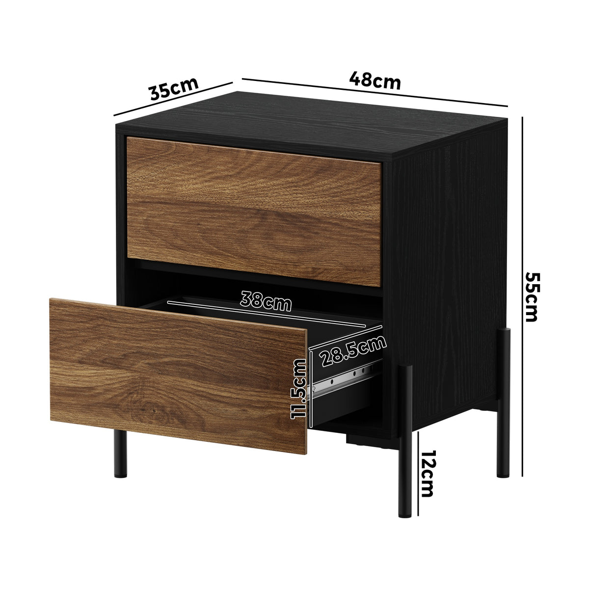 Oikiture Bedside Table 2 Drawers Side End Bedroom Storage Nightstand Walnut - Sunyee