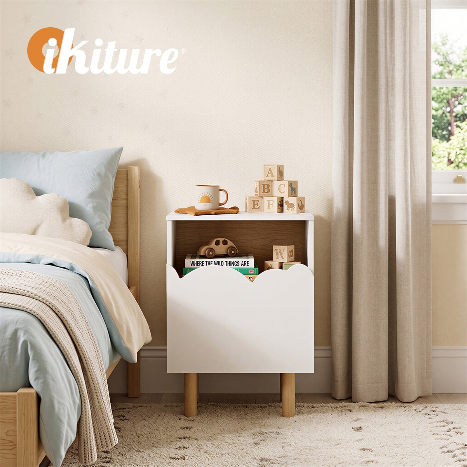 Oikiture Bedside Table Single Drawer Nightstand Kids Bedroom Storage White