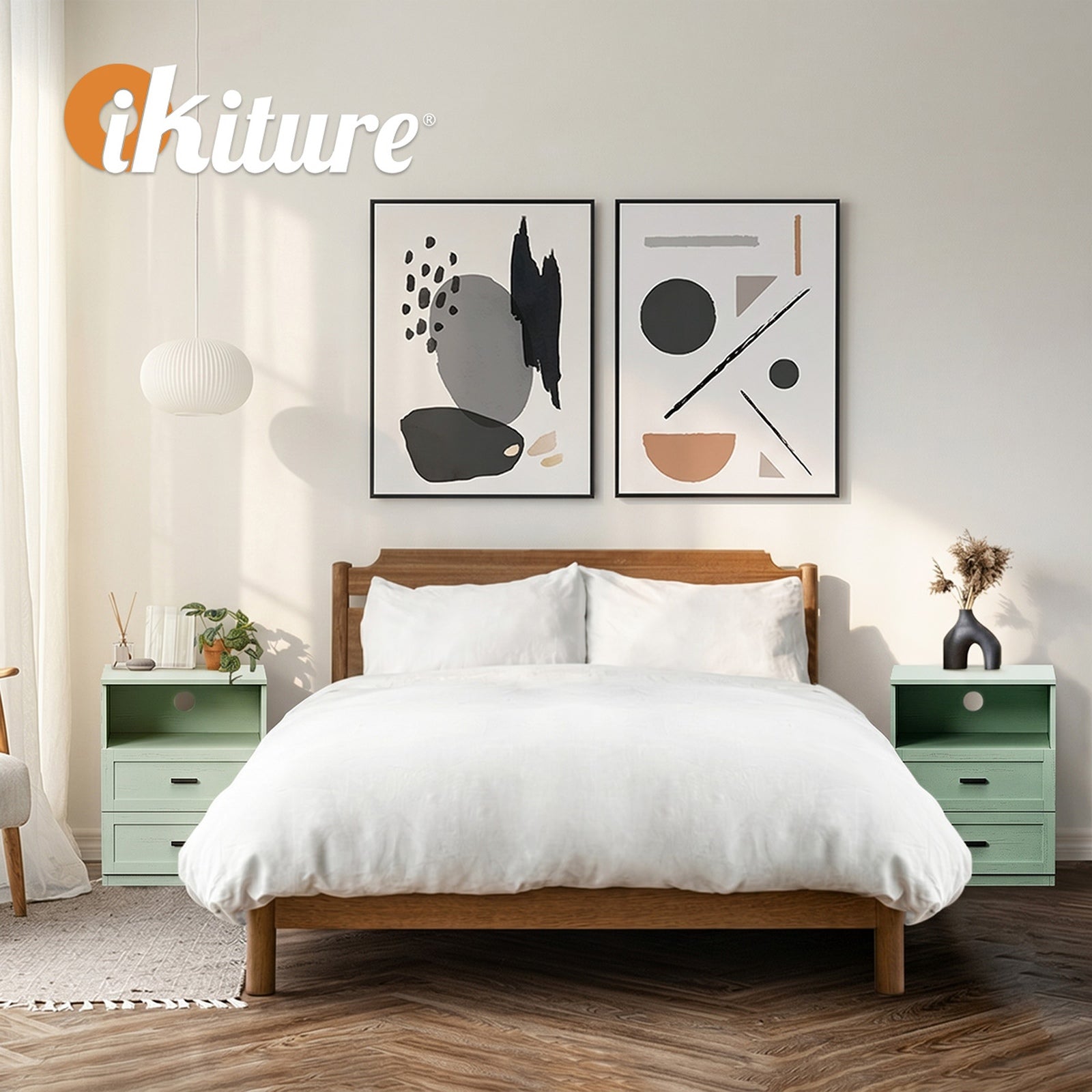 Oikiture 2pc Bedside Table 2 Drawers Open Shelf Nightstand Cabinet Green