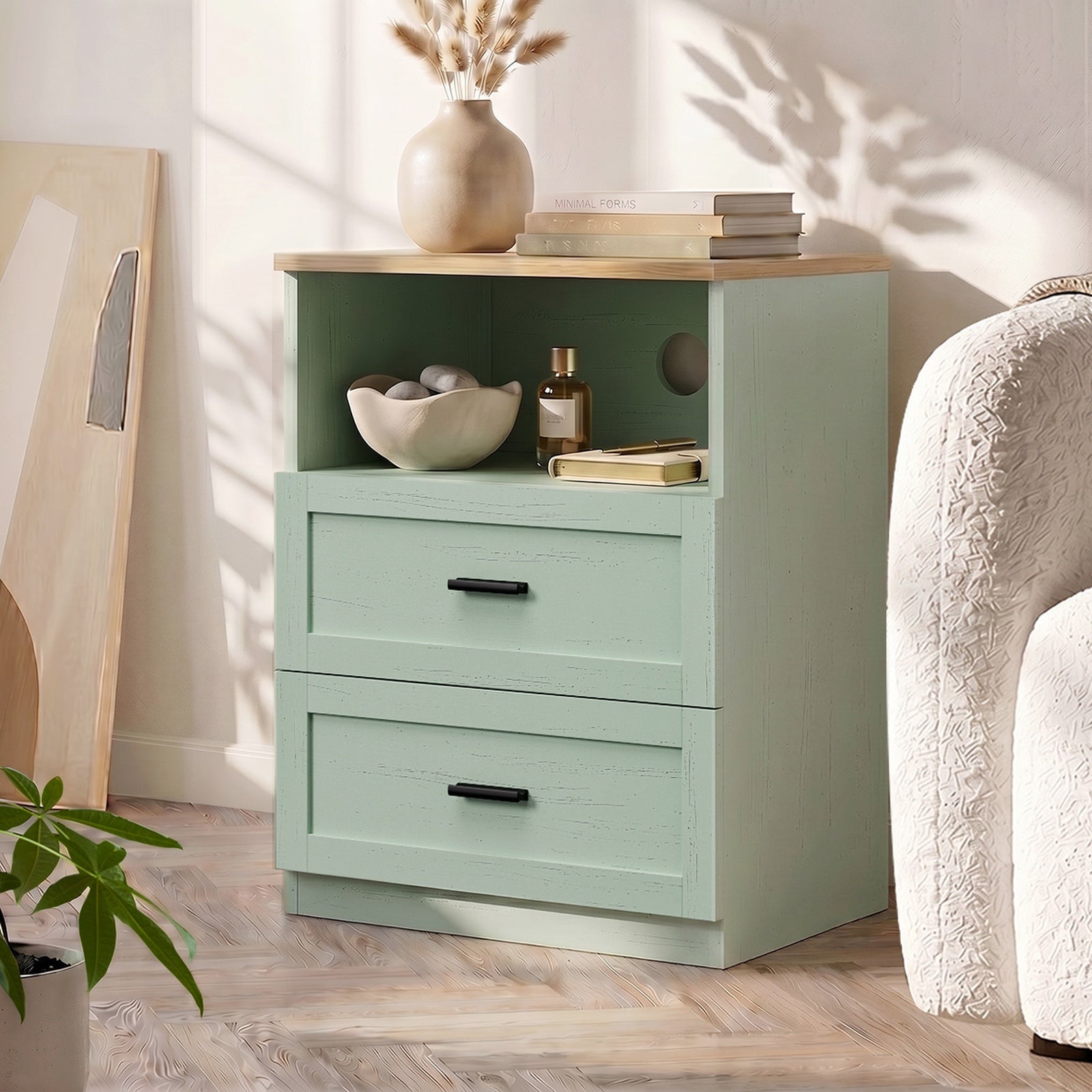 Oikiture Bedside Table 2 Drawers Open Shelf Nightstand Cabinet