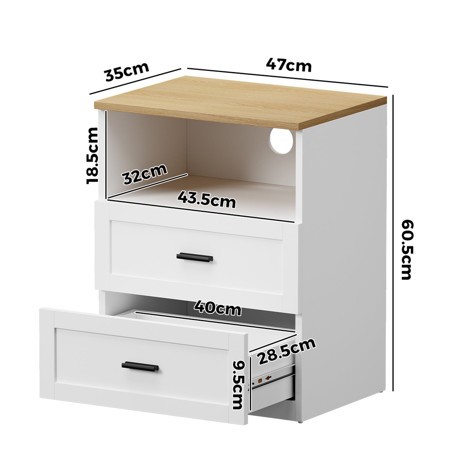 Oikiture Bedside Table 2 Drawers Open Shelf Nightstand Cabinet