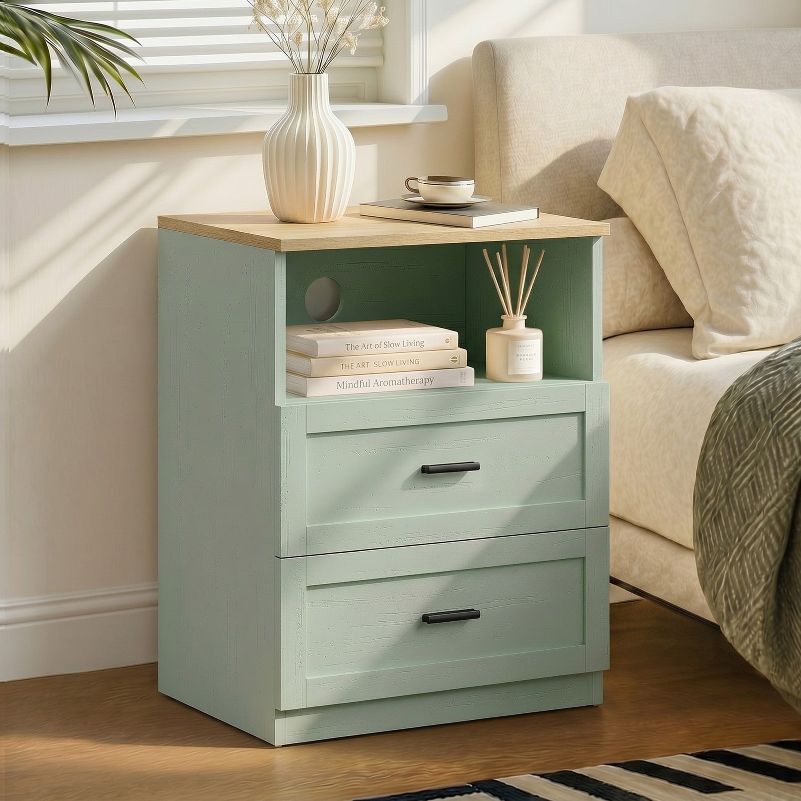 Oikiture Bedside Table 2 Drawers Open Shelf Nightstand Cabinet