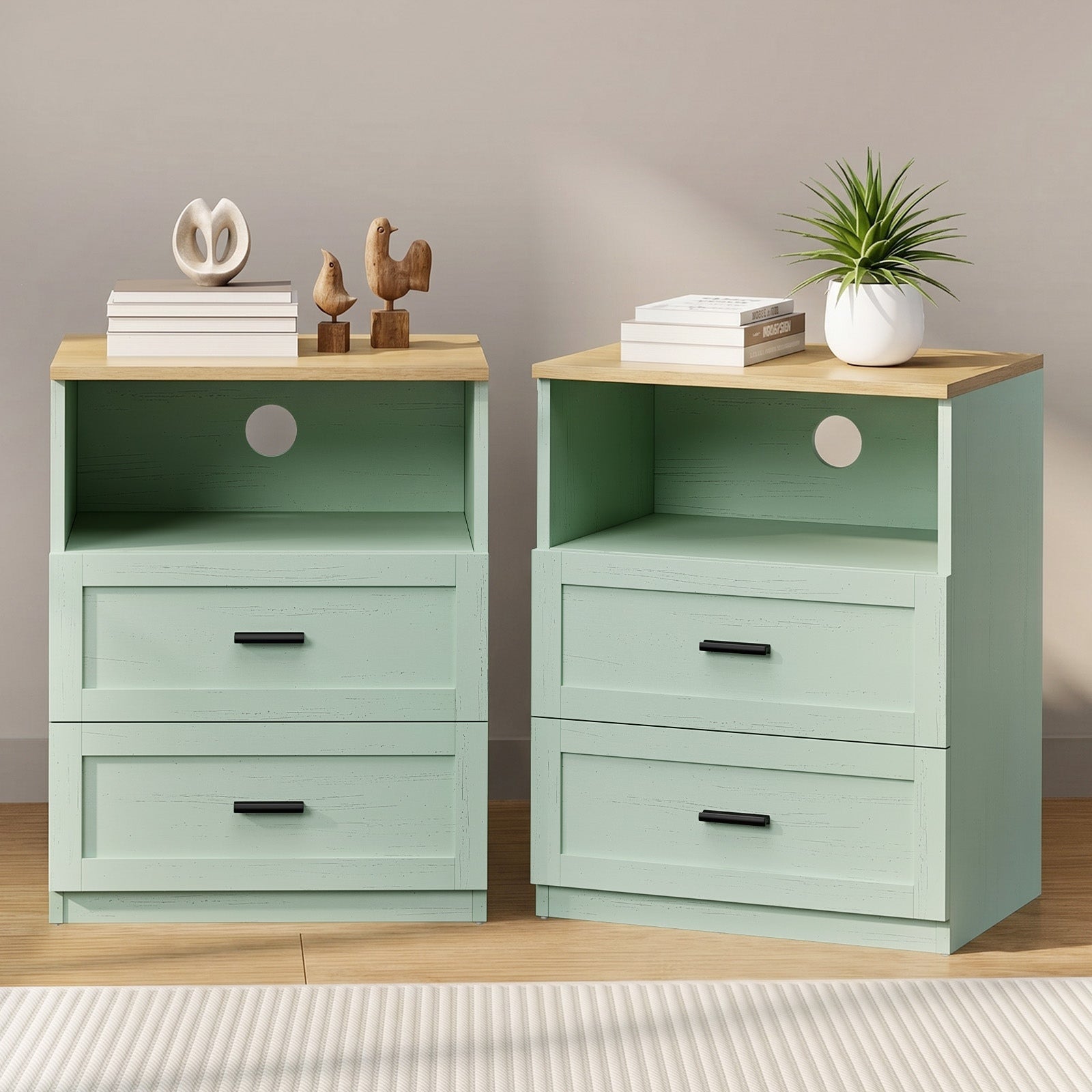 Oikiture 2pc Bedside Table 2 Drawers Open Shelf Nightstand Cabinet Natural&Green