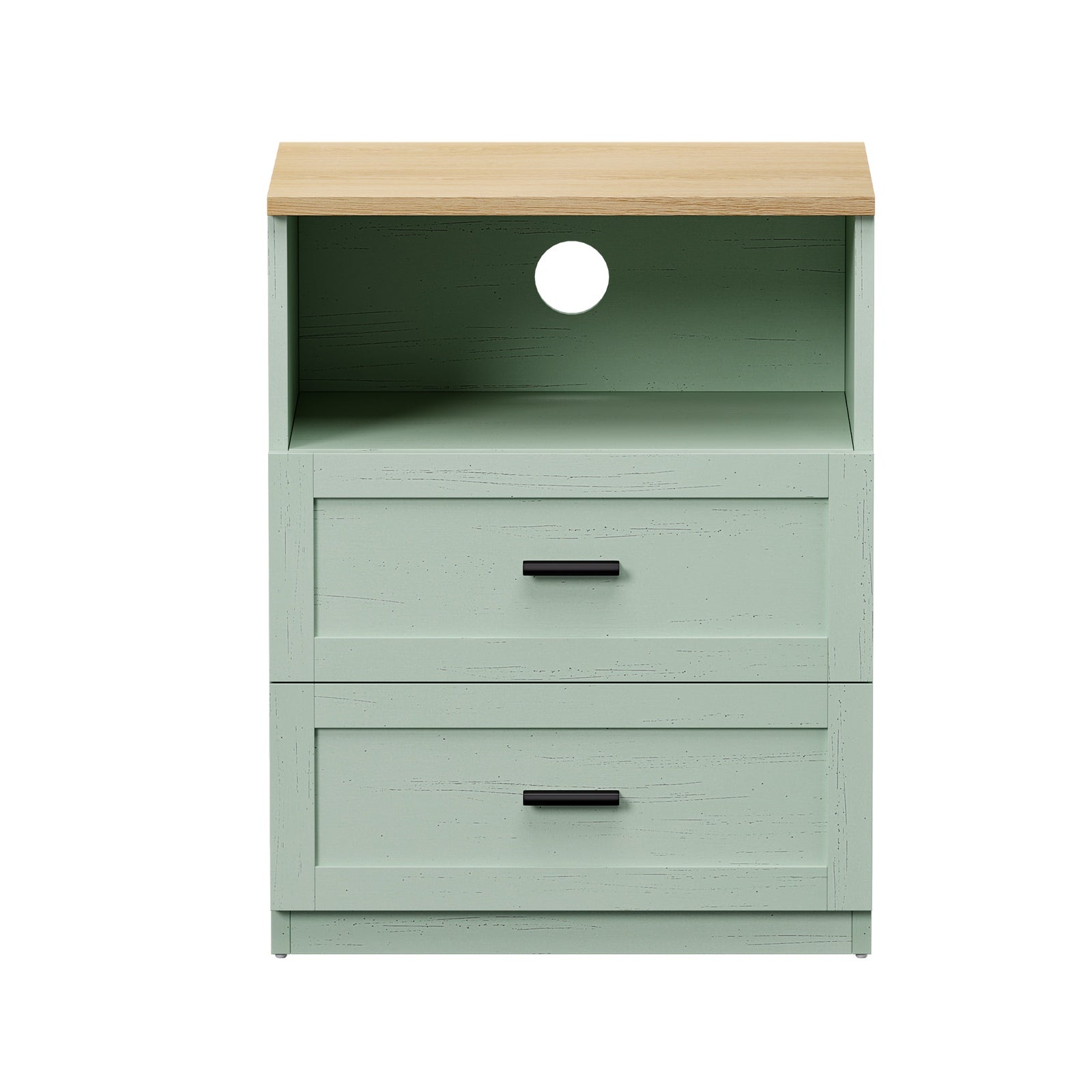 Oikiture 2pc Bedside Table 2 Drawers Open Shelf Nightstand Cabinet Natural&Green