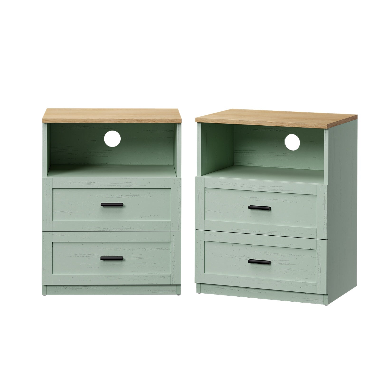 Oikiture 2pc Bedside Table 2 Drawers Open Shelf Nightstand Cabinet Natural&Green