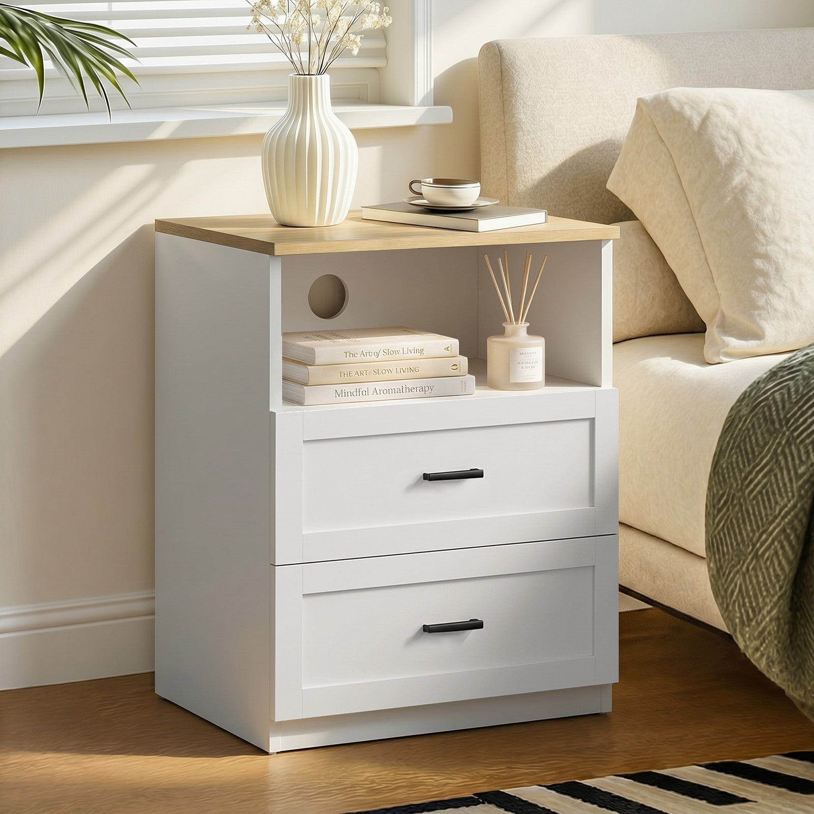 Oikiture Bedside Table 2 Drawers Open Shelf Nightstand Cabinet