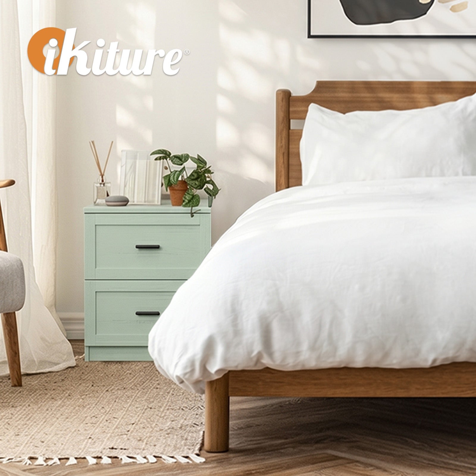 Oikiture Bedside Table 2 Drawers Nightstand Cabinet End Table Green