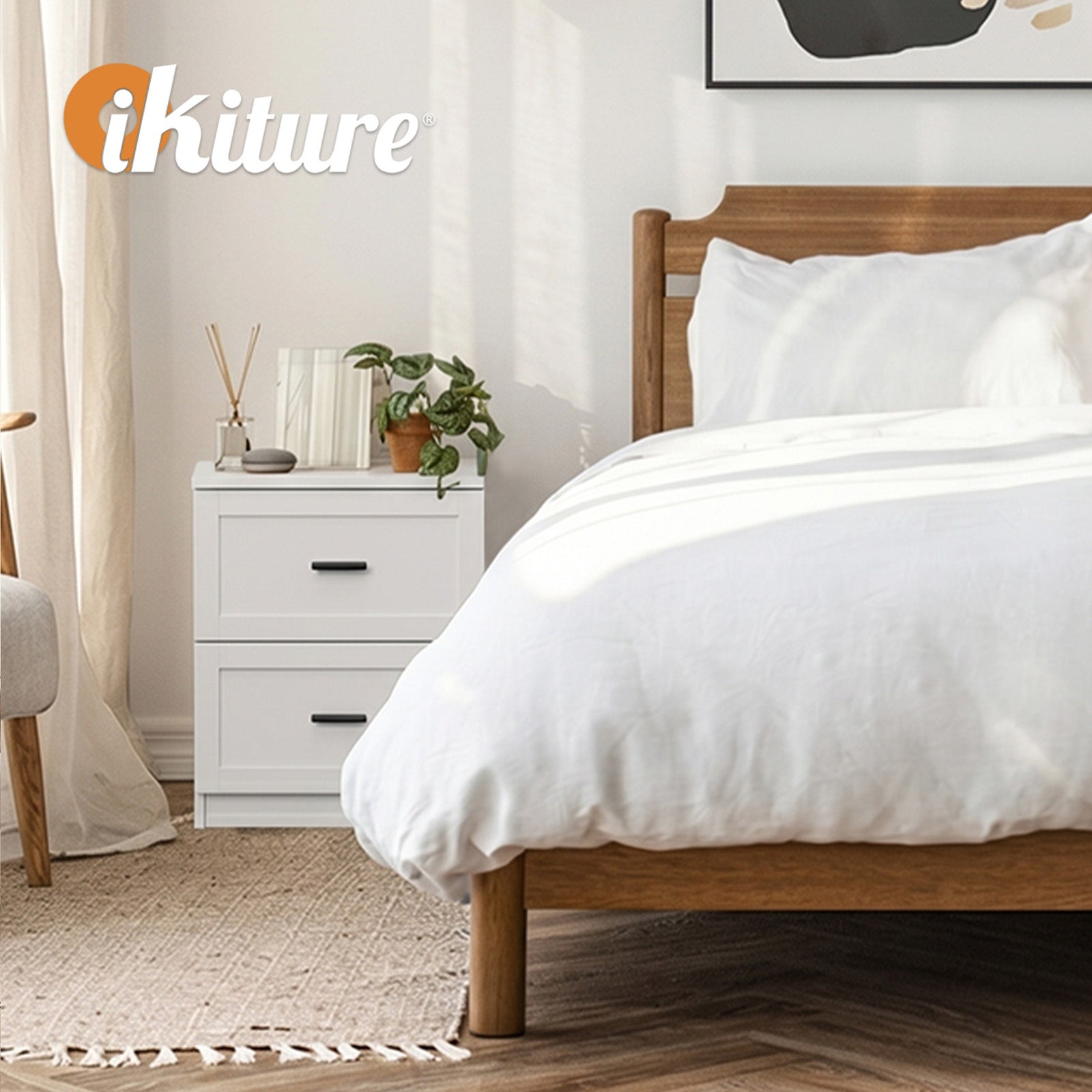 Oikiture Bedside Table 2 Drawers Nightstand Cabinet End Table White
