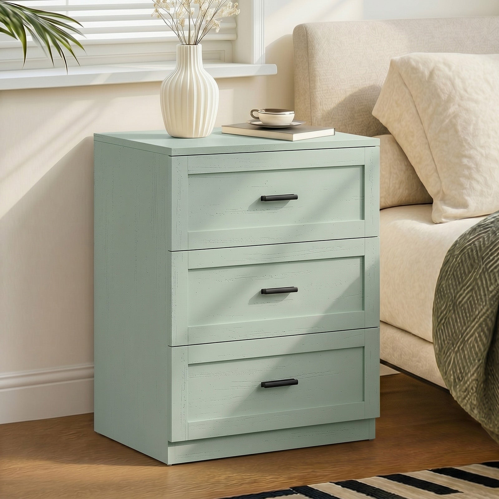 Oikiture Bedside Table 3 Drawers Nightstand Cabinet End Table