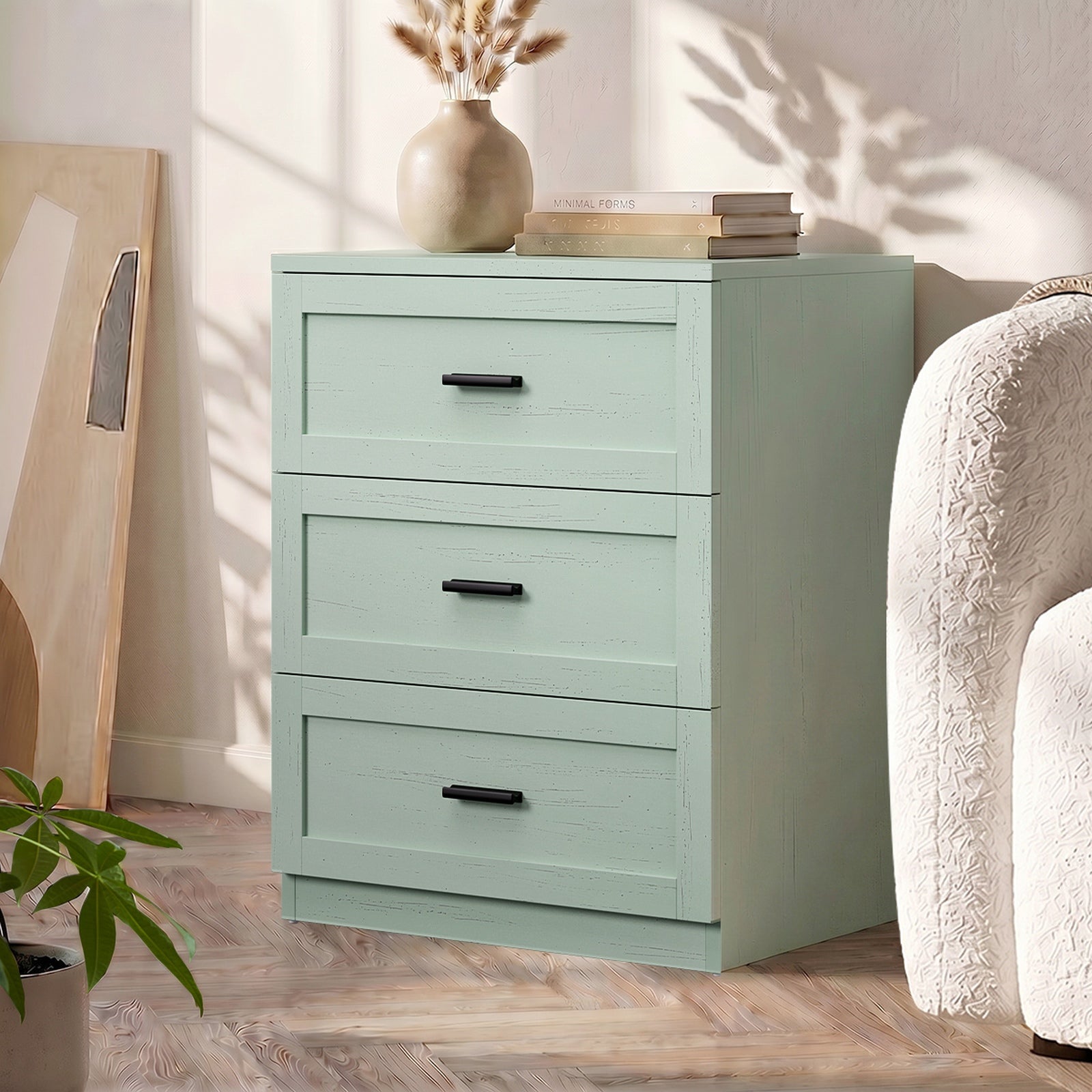 Oikiture 2pc Bedside Table 3 Drawers Nightstand Cabinet End Table Green