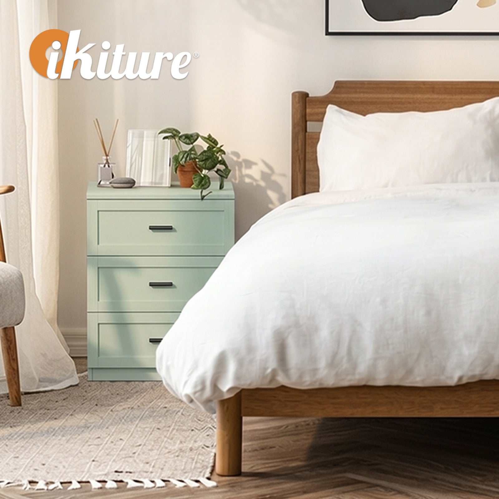 Oikiture Bedside Table 3 Drawers Nightstand Cabinet End Table