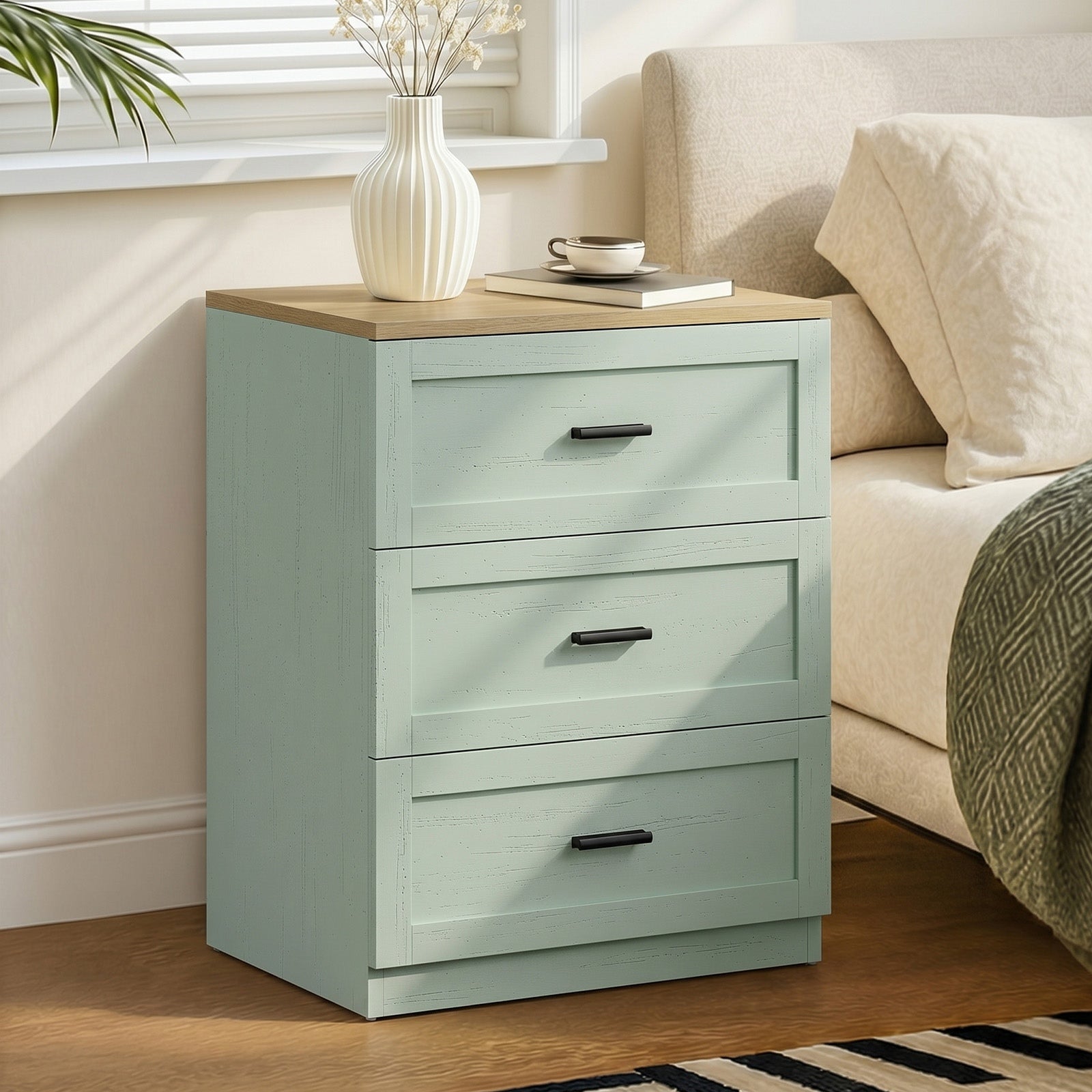 Oikiture Bedside Table 3 Drawers Nightstand Cabinet End Table