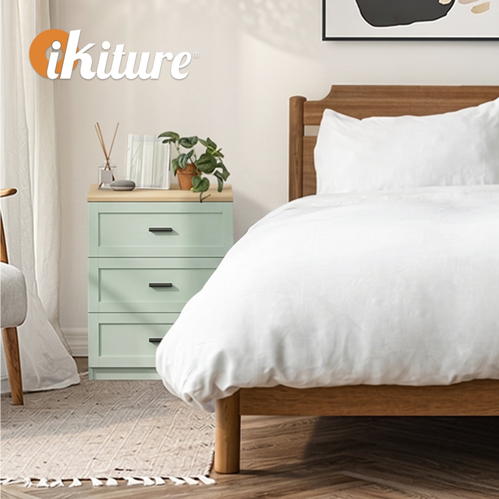 Oikiture Bedside Table 3 Drawers Nightstand Cabinet End Table Natural&Green