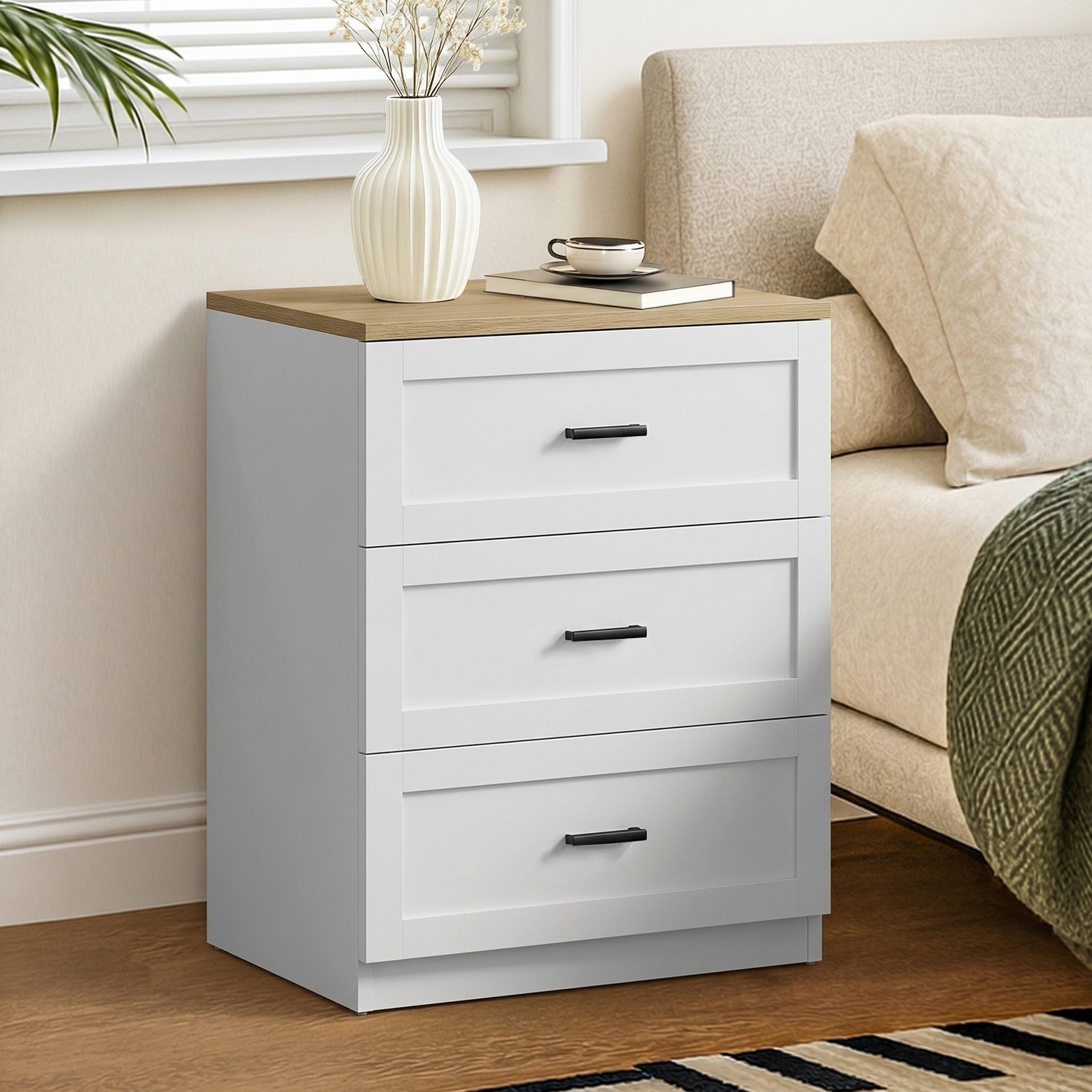 Oikiture Bedside Table 3 Drawers Nightstand Cabinet End Table
