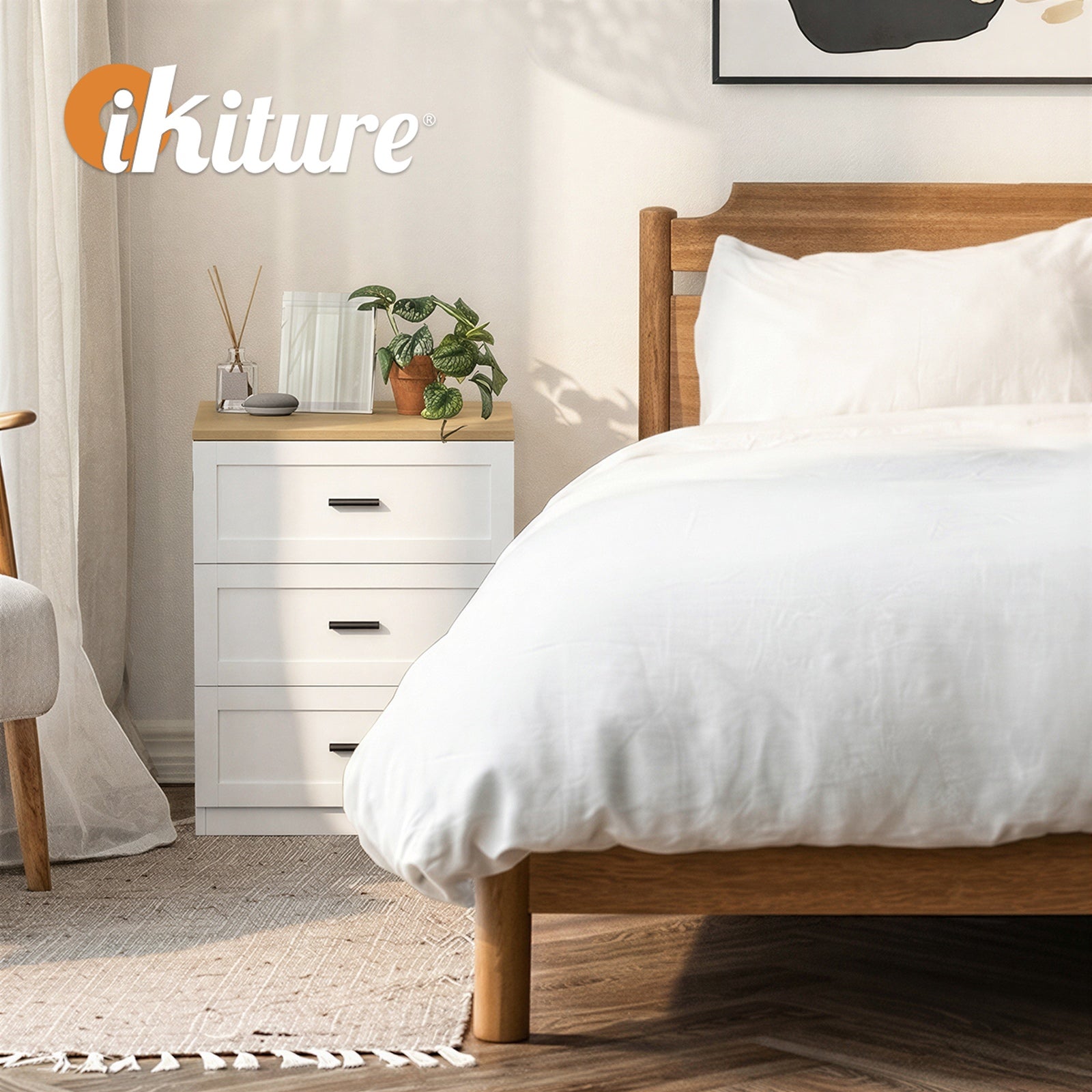 Oikiture Bedside Table 3 Drawers Nightstand Cabinet End Table Natural&White