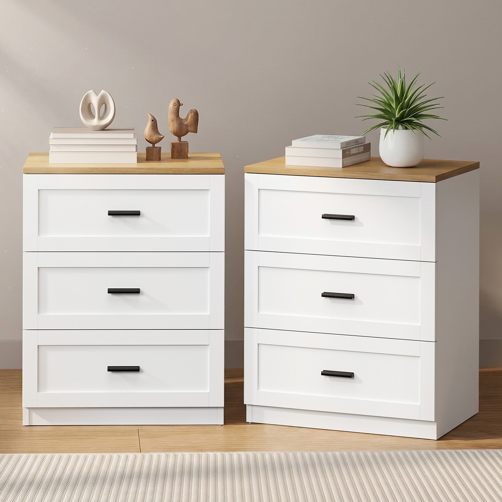 Oikiture 2pc Bedside Table 3 Drawers Nightstand Cabinet End Table Natural&White