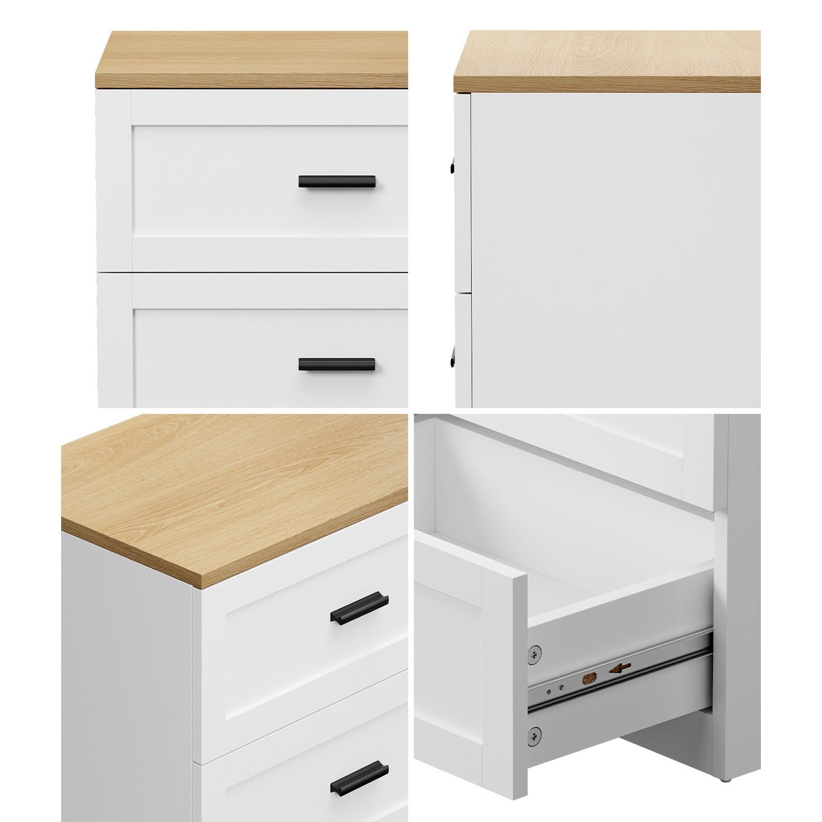 Oikiture 2pc Bedside Table 3 Drawers Nightstand Cabinet End Table Natural&White