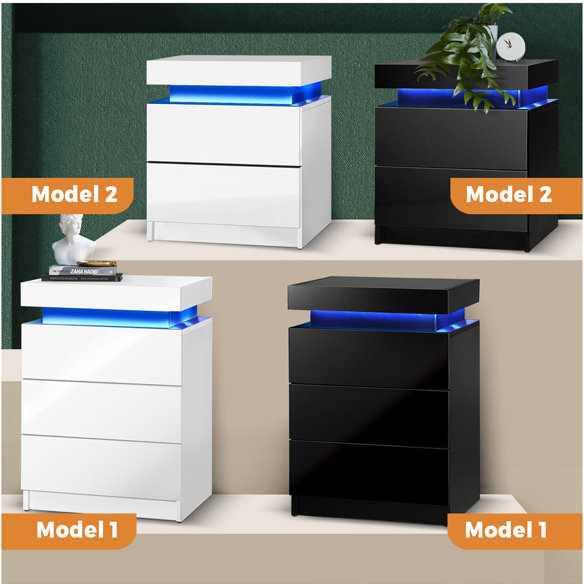 Oikiture Bedside Table RGB LED Nightstand Cabinet 2/3 Drawers Side Table - Sunyee