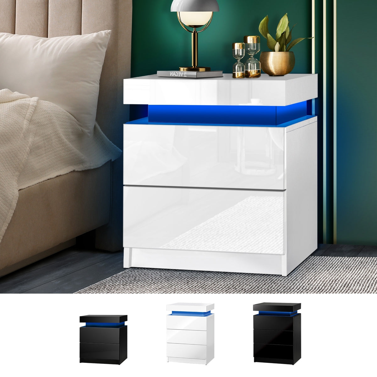 Oikiture Bedside Table RGB LED Nightstand Cabinet 2/3 Drawers Side Table - Sunyee