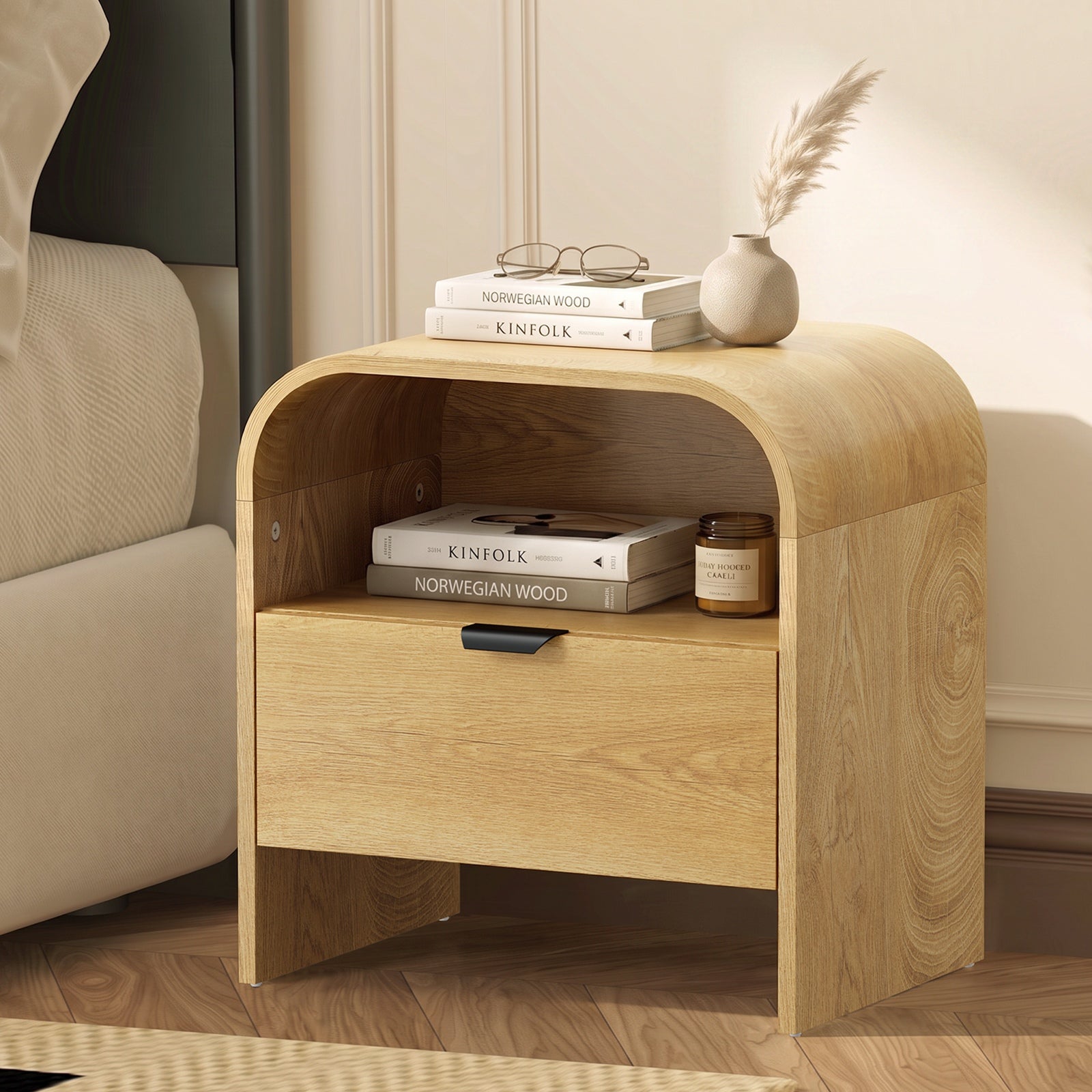 Oikiture Bedside Table Drawer Open Shelf Storage Cabinet Nightstand Natural