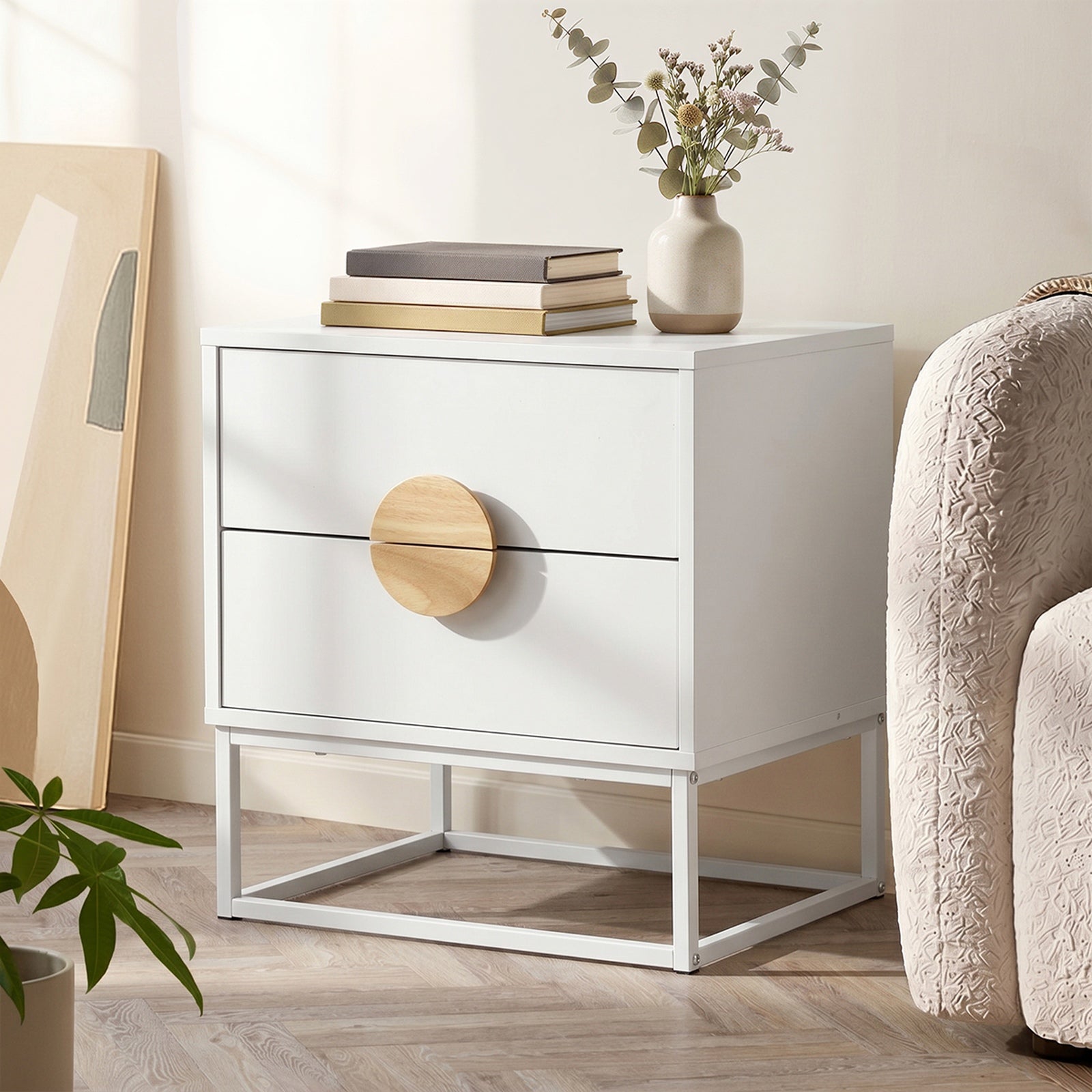 Oikiture Bedside Table Nightstand 2 Drawers Side End Table Steel Legs White