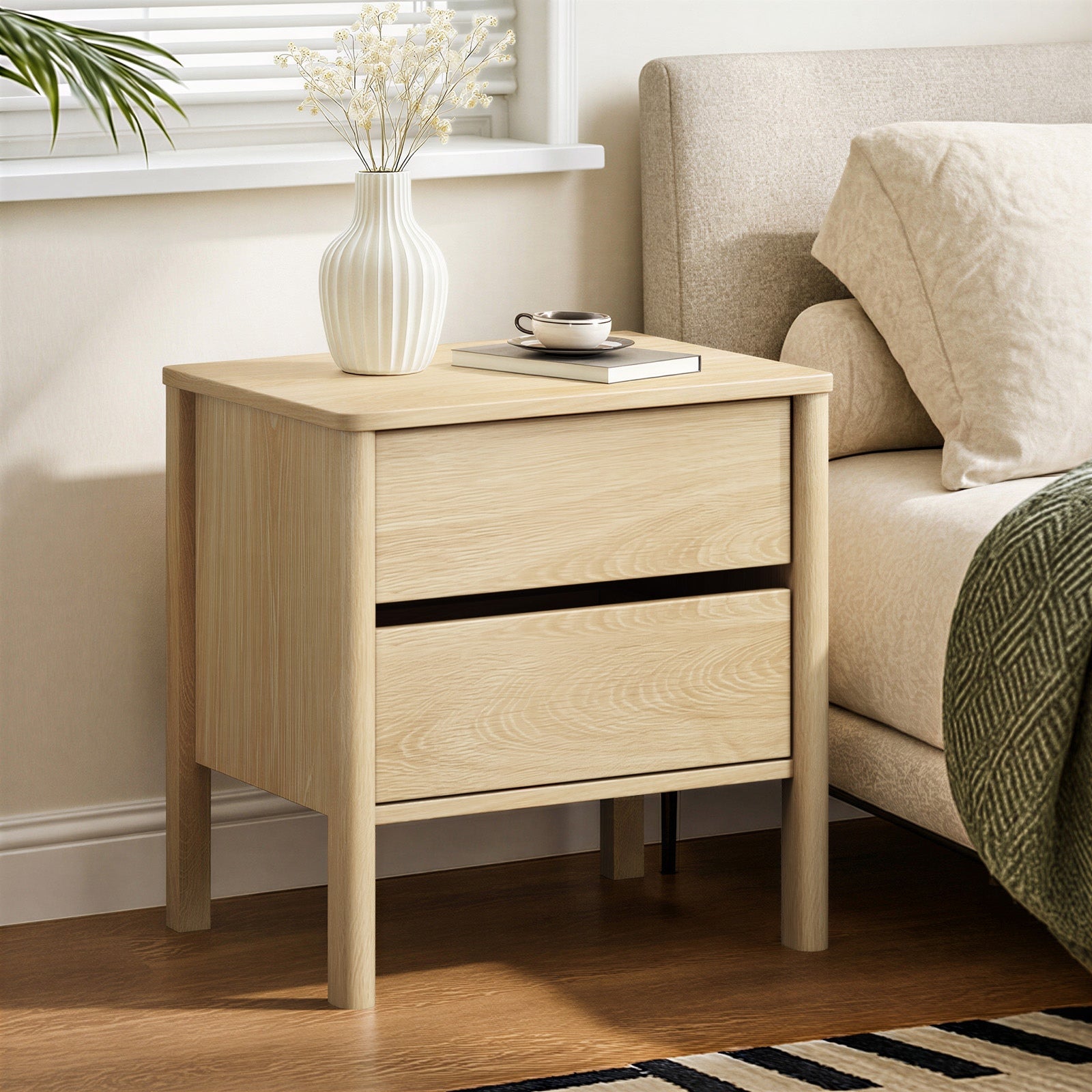 Oikiture Bedside Table 2 Drawers Side Table Nightstand Handle-free Natural