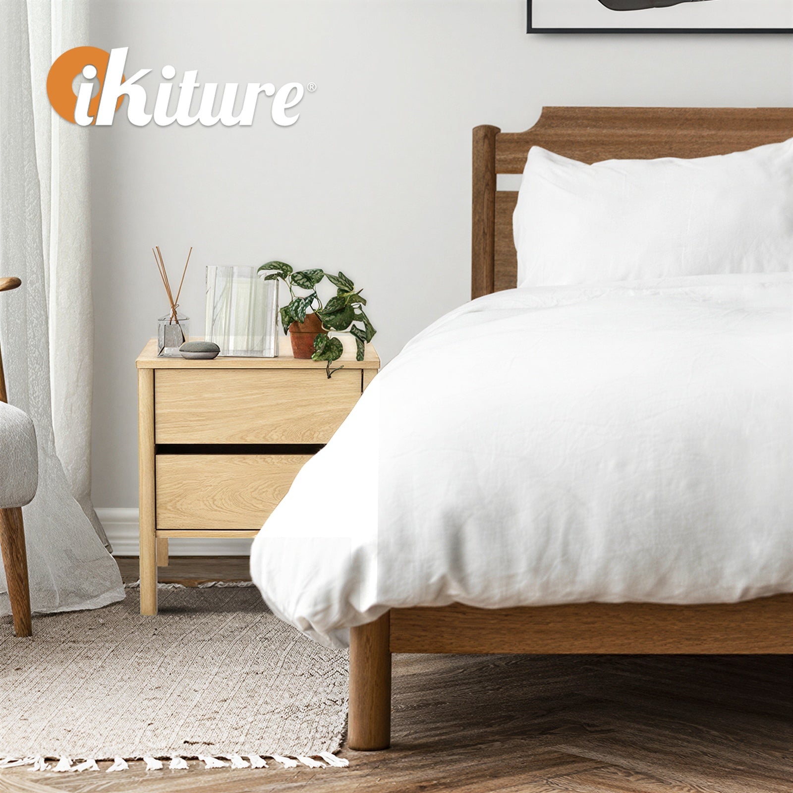 Oikiture Bedside Table 2 Drawers Side Table Nightstand Handle-free Natural