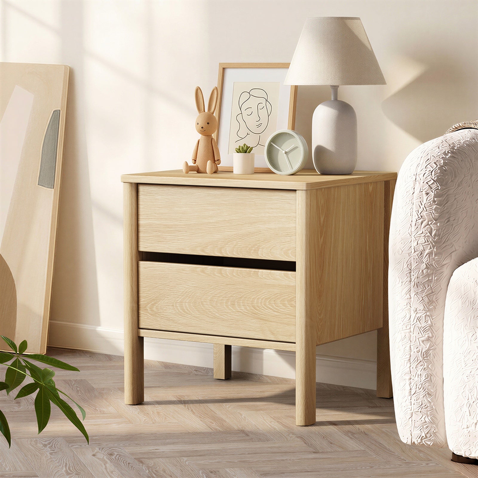 Oikiture 2x Bedside Tables 2 Drawers Side Table Nightstand Handle-free Natural