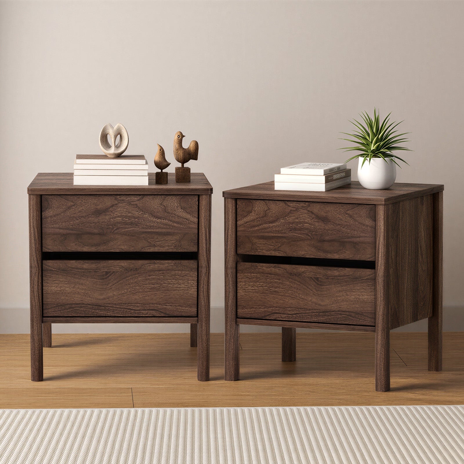 Oikiture 2x Bedside Tables 2 Drawers Side Table Nightstand Handle-free Walnut