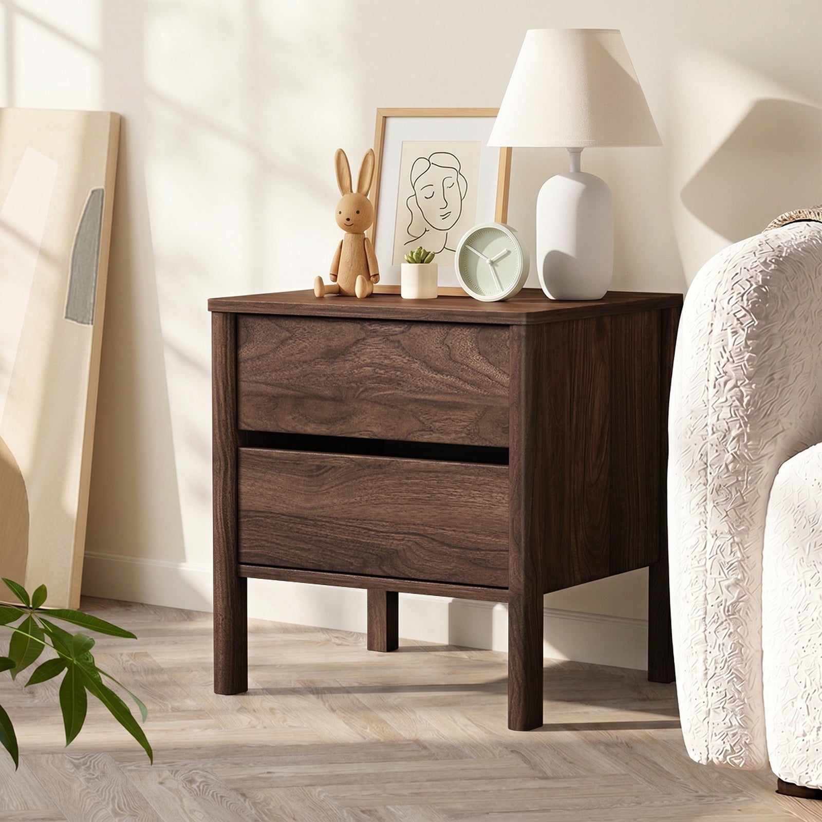 Oikiture 2x Bedside Tables 2 Drawers Side Table Nightstand Handle-free Walnut