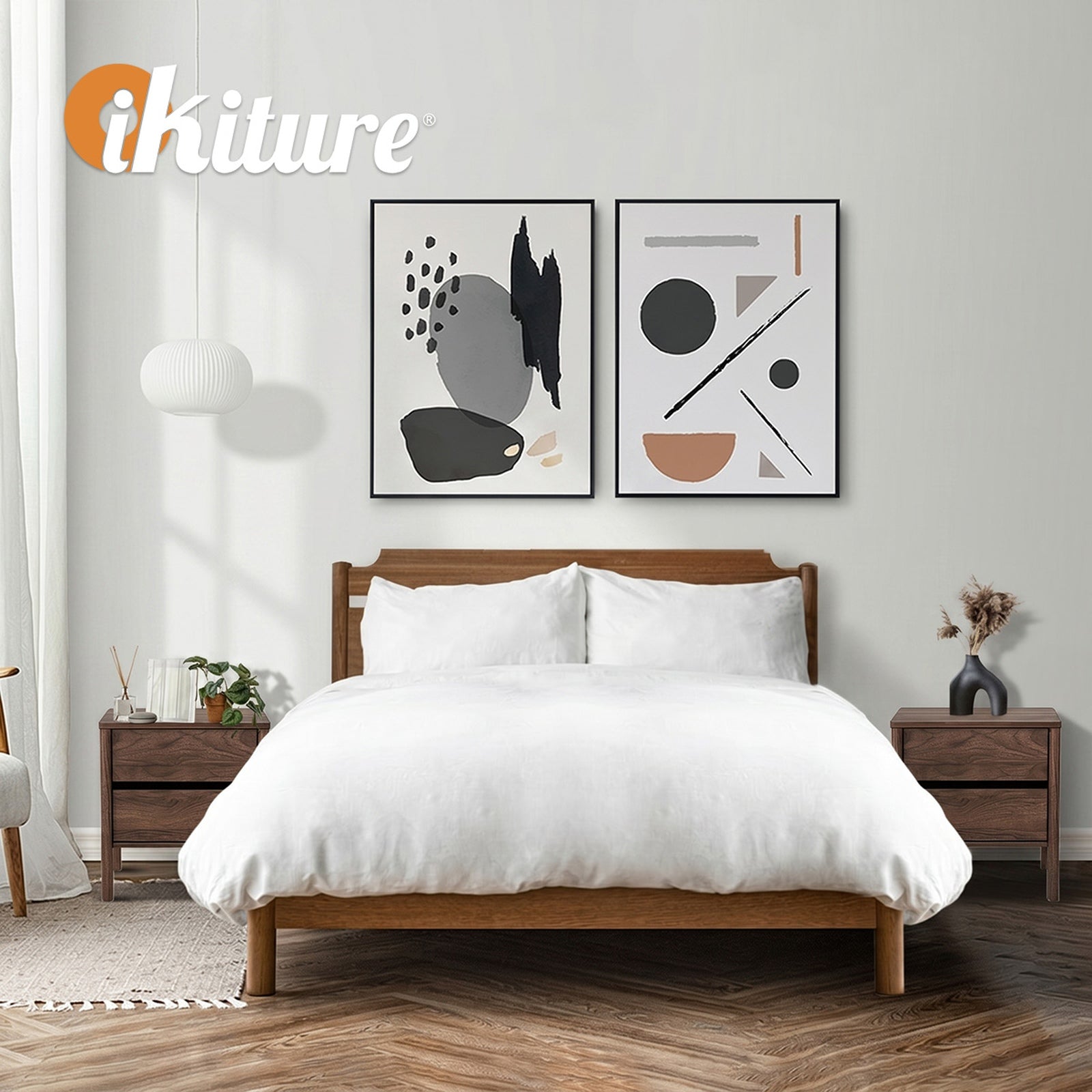 Oikiture 2x Bedside Tables 2 Drawers Side Table Nightstand Handle-free Walnut
