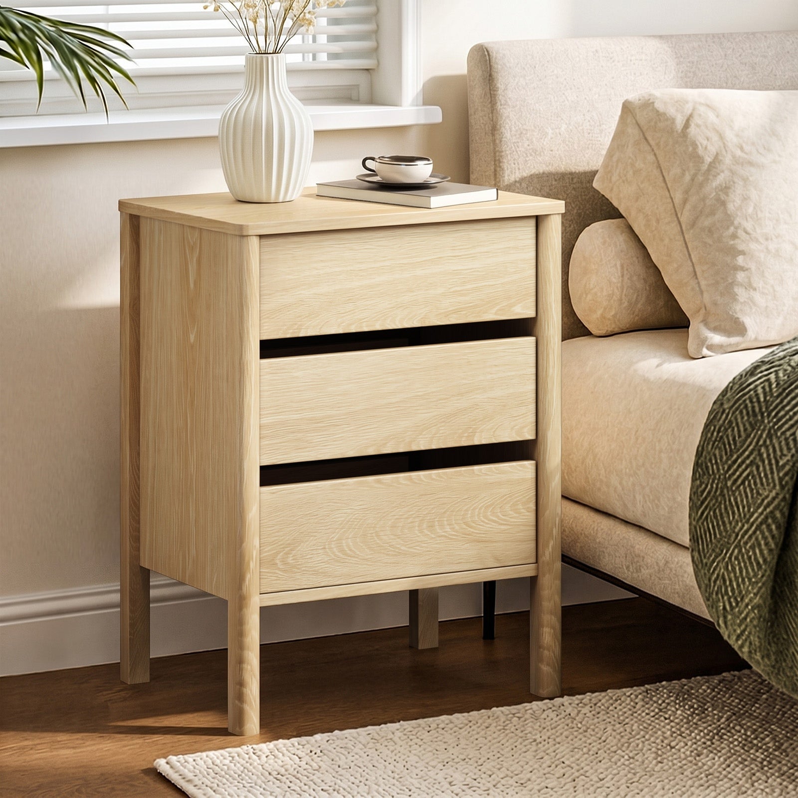 Oikiture Bedside Table 3 Drawers Side Table Nightstand Handle-free Natural