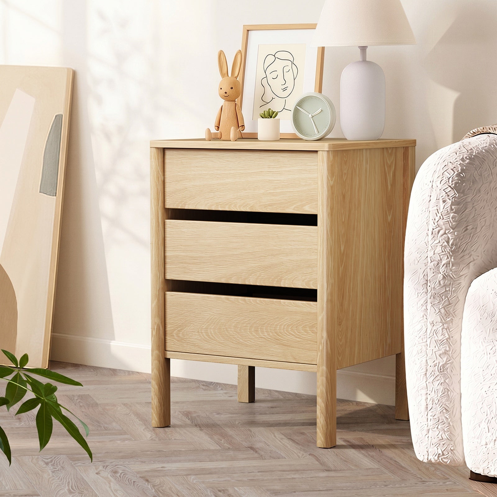 Oikiture Bedside Table 3 Drawers Side Table Nightstand Handle-free Natural