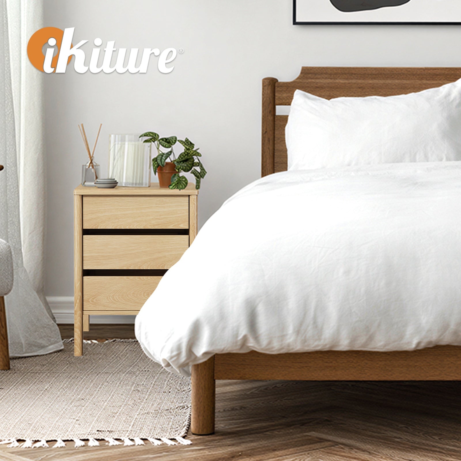 Oikiture Bedside Table 3 Drawers Side Table Nightstand Handle-free Natural