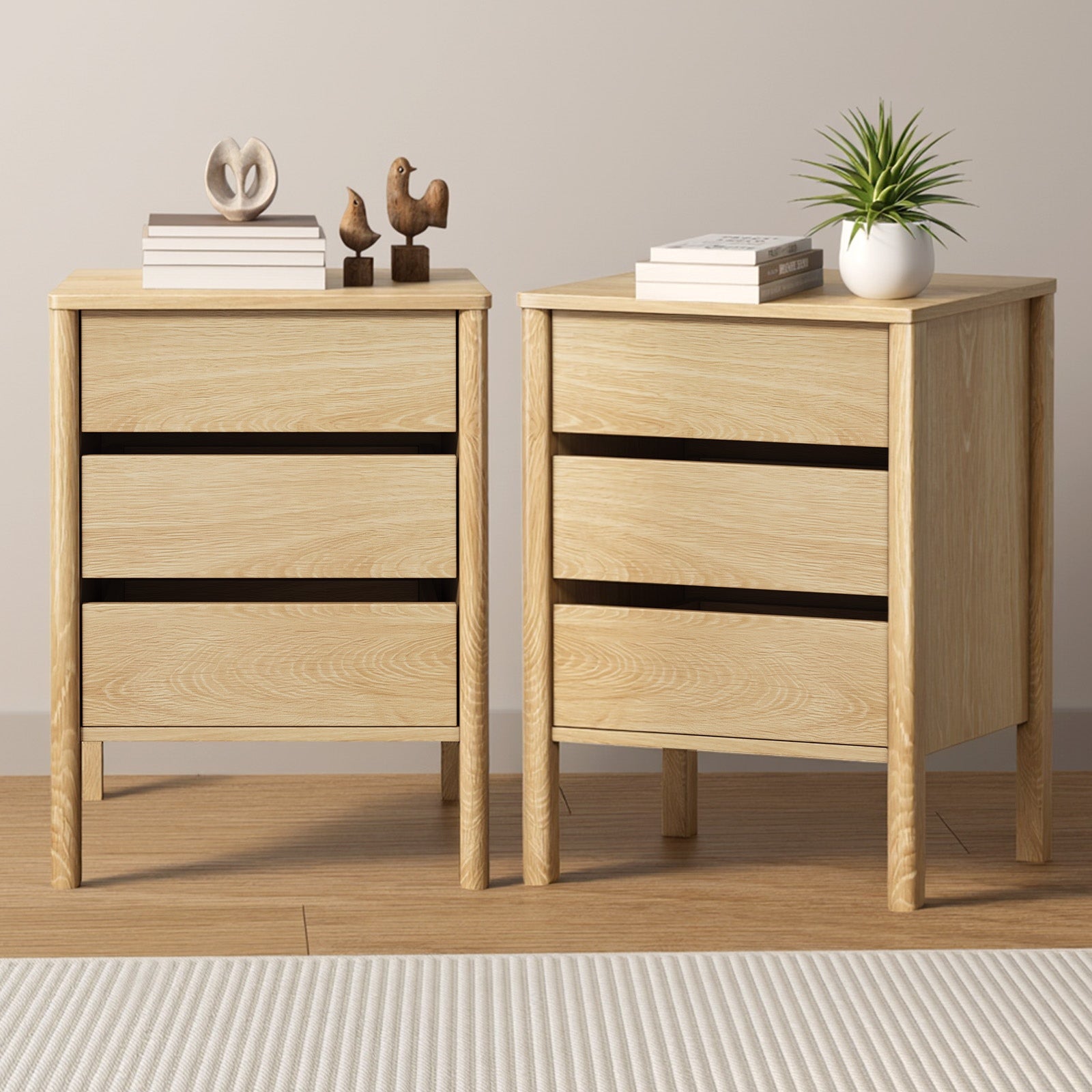 Oikiture 2x Bedside Tables 3 Drawers Side Table Nightstand Handle-free Natural