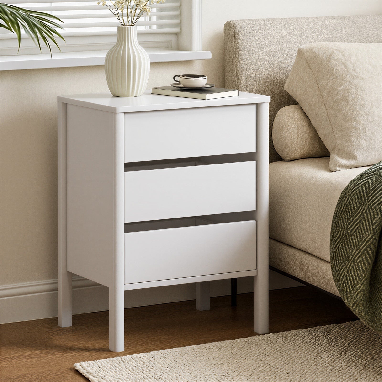 Oikiture Bedside Table 3 Drawers Side Table Nightstand Handle-free White
