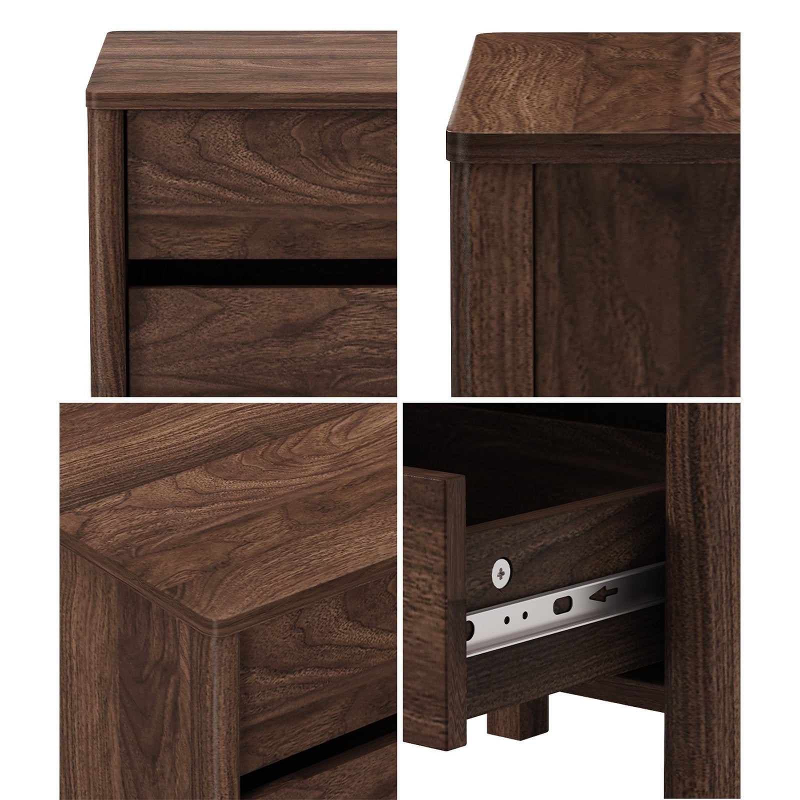 Oikiture Bedside Table 3 Drawers Side Table Nightstand Handle-free Walnut
