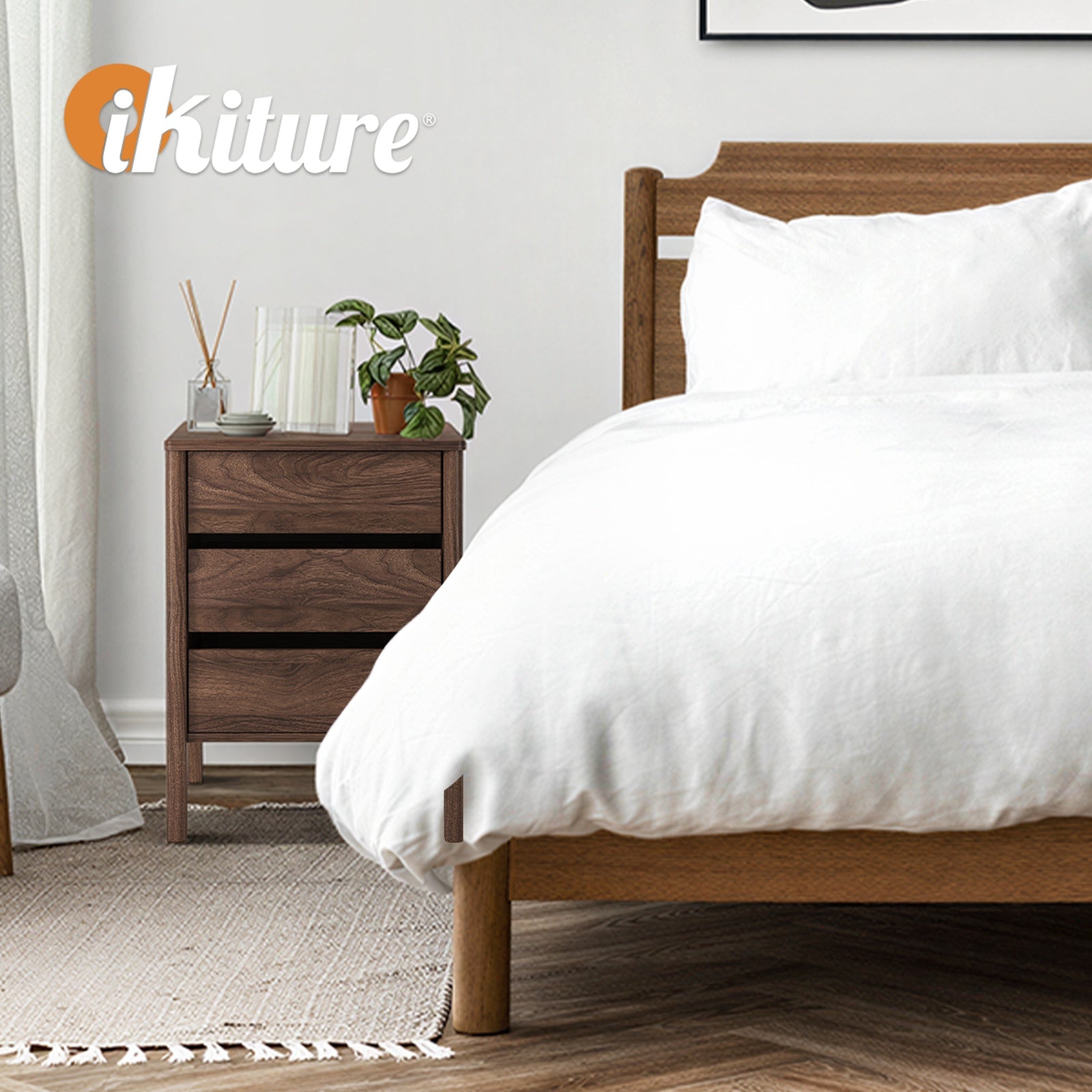 Oikiture Bedside Table 3 Drawers Side Table Nightstand Handle-free Walnut