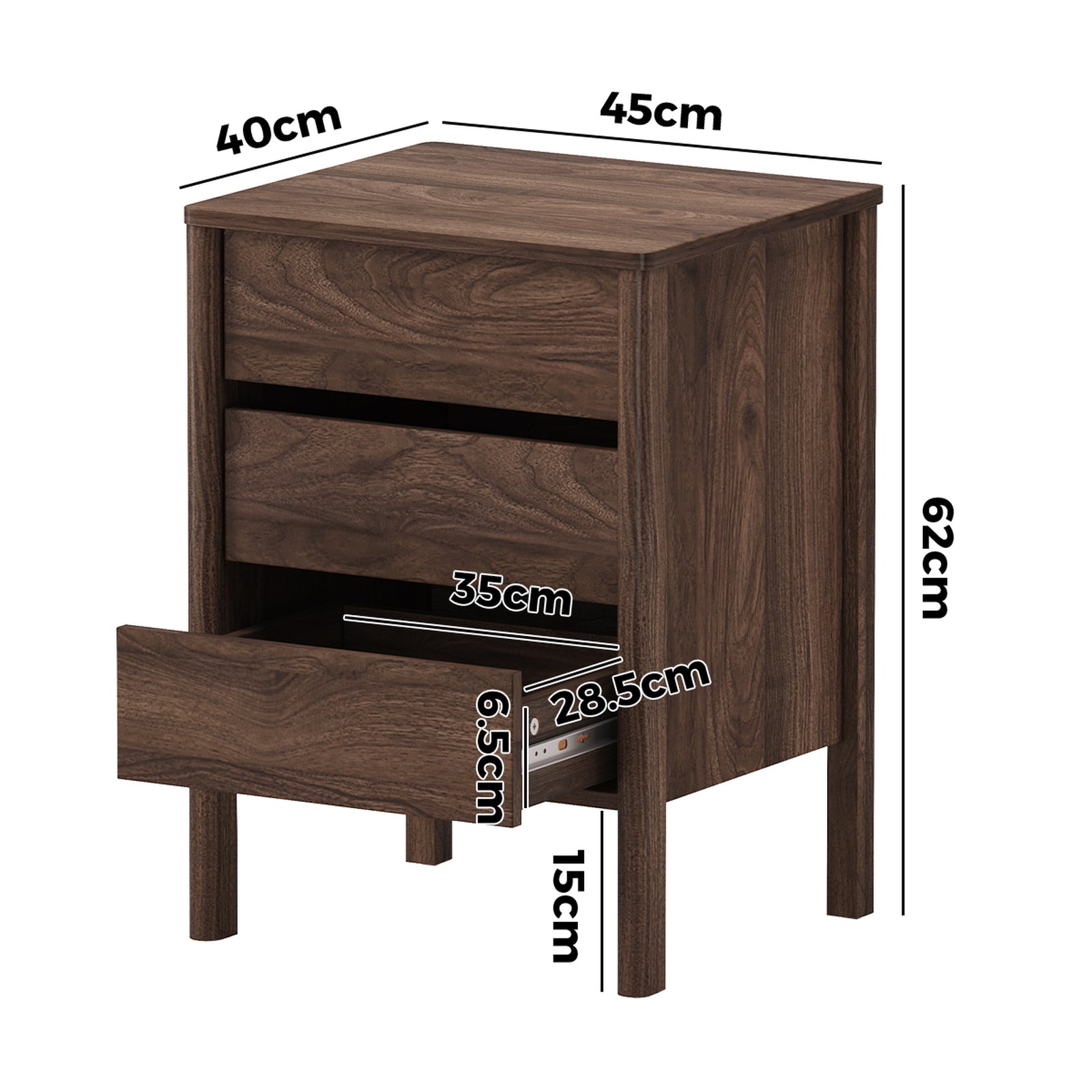 Oikiture Bedside Table 3 Drawers Side Table Nightstand Handle-free Walnut